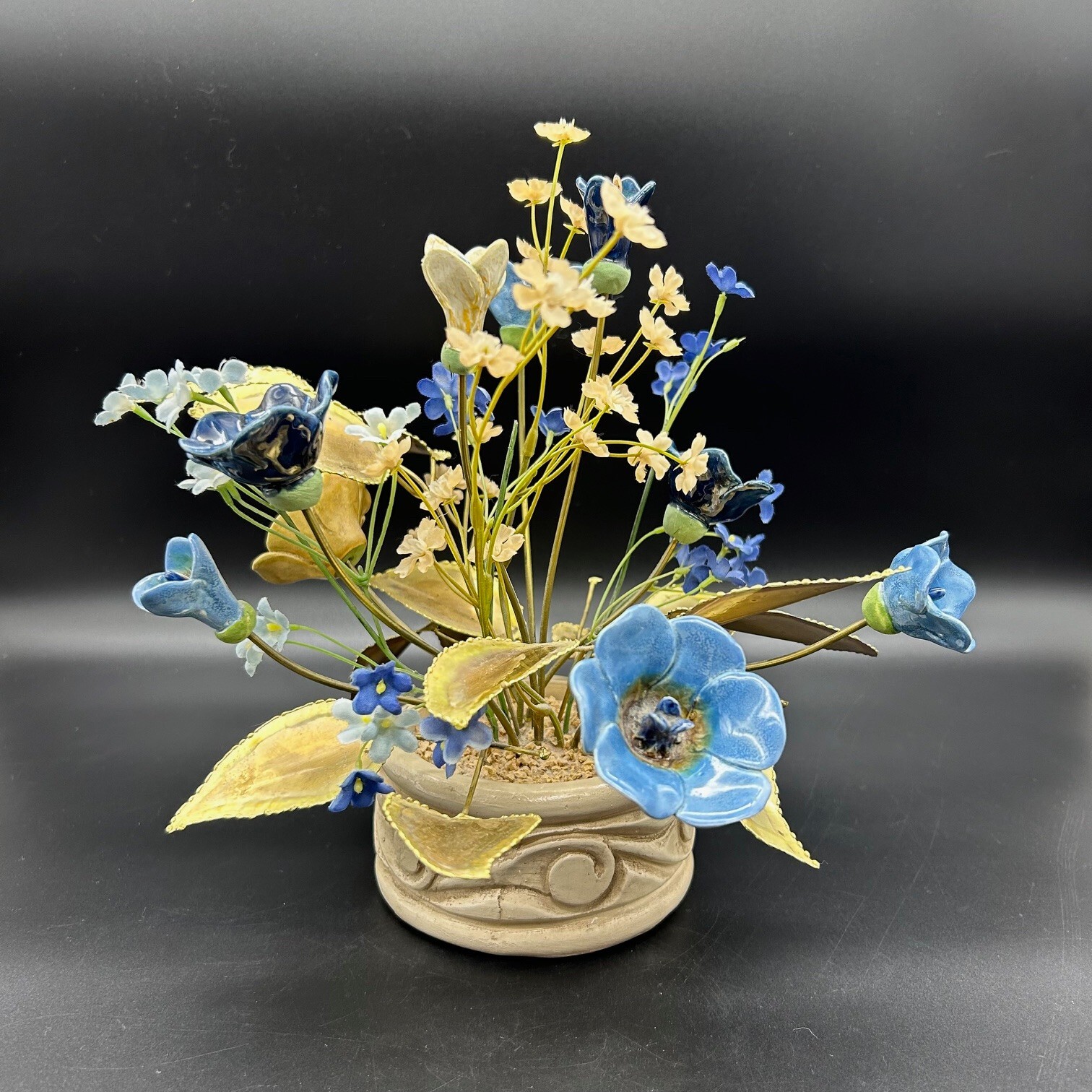 Mixed Media Flower Arrangement Ceramic & Faux Silk Flowers Metal Leaves in Pot