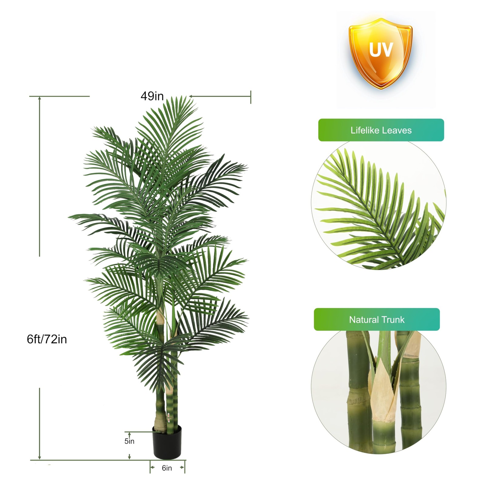 6ft Ultra-Full UV Resistant Fake Golden Cane Palm Tree with Triple Trunks, 72…