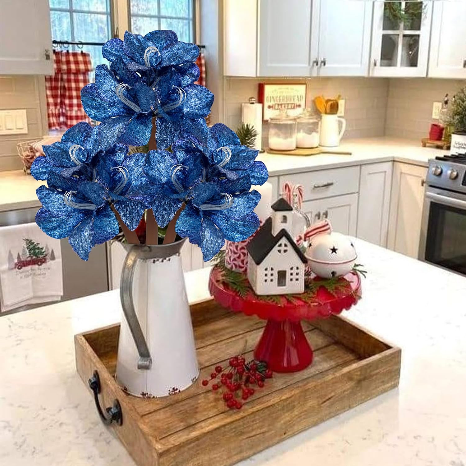 Blue Glitter Amaryllis Stems – 19.7″ Faux Flowers for Christmas Decor