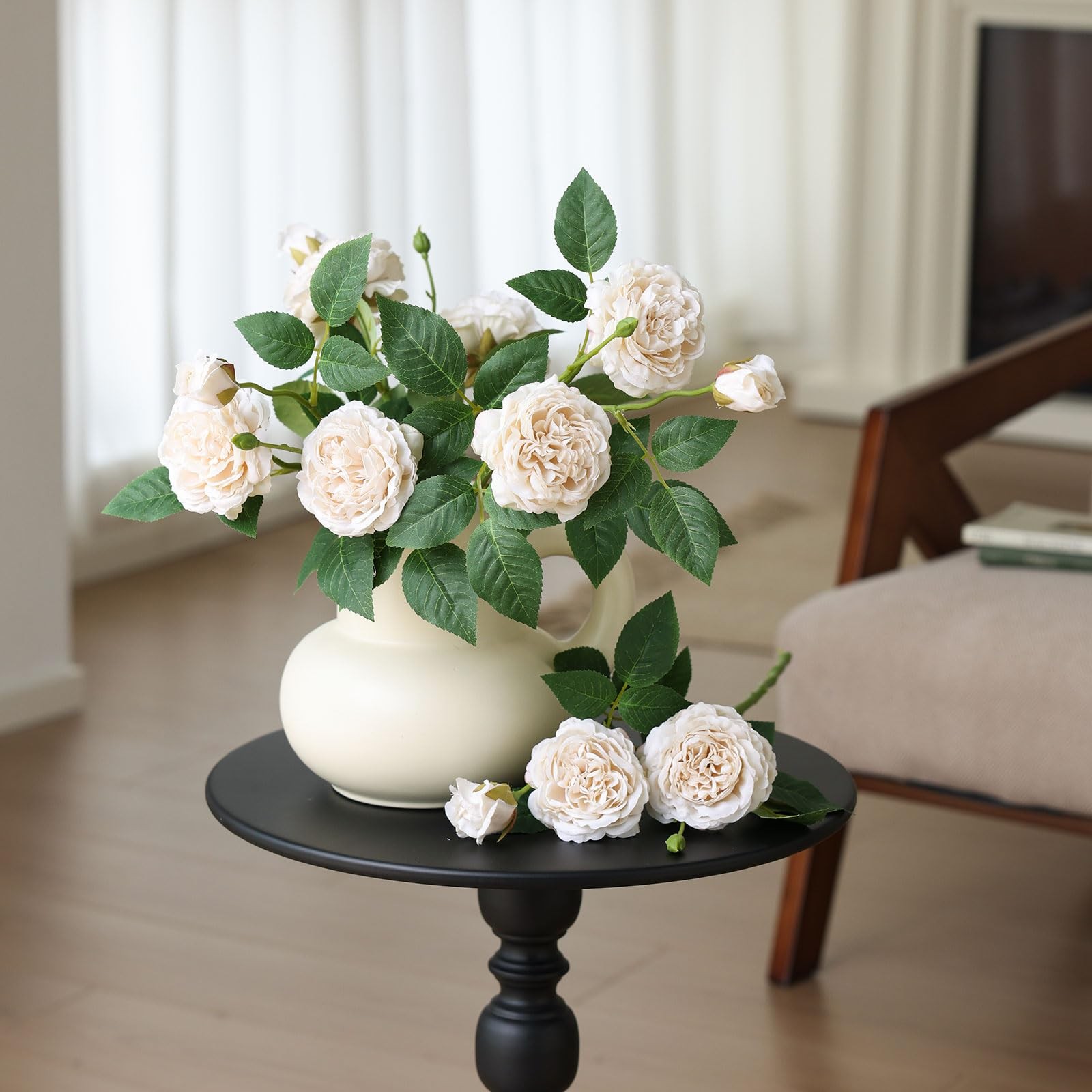 4Pcs Beige Artificial Roses Flowers Fake Silk Rose Flower with Leaves Stems R…