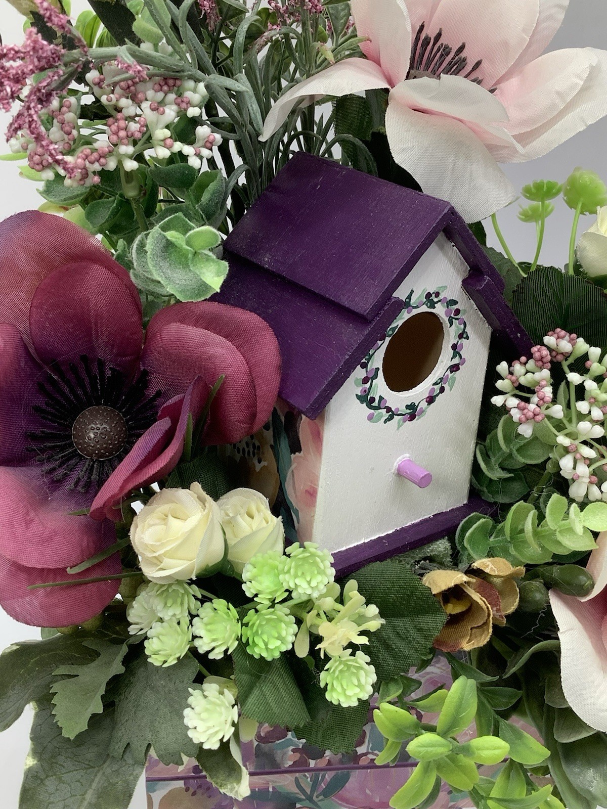 Handmade Purple Floral Arrangement With Hand painted Wood Birdhouse