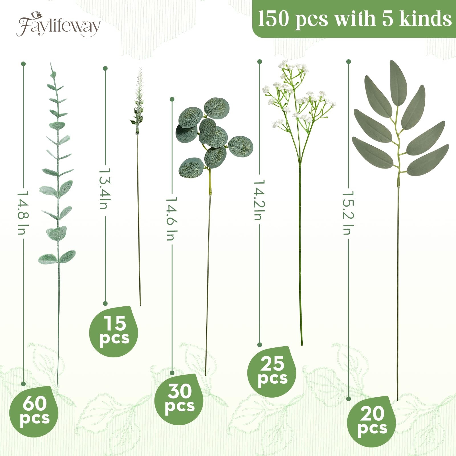 New 150Pcs 5 Kind Mixed Greenery Eucalyptus Stems Bulk for Wedding Decor, Babies