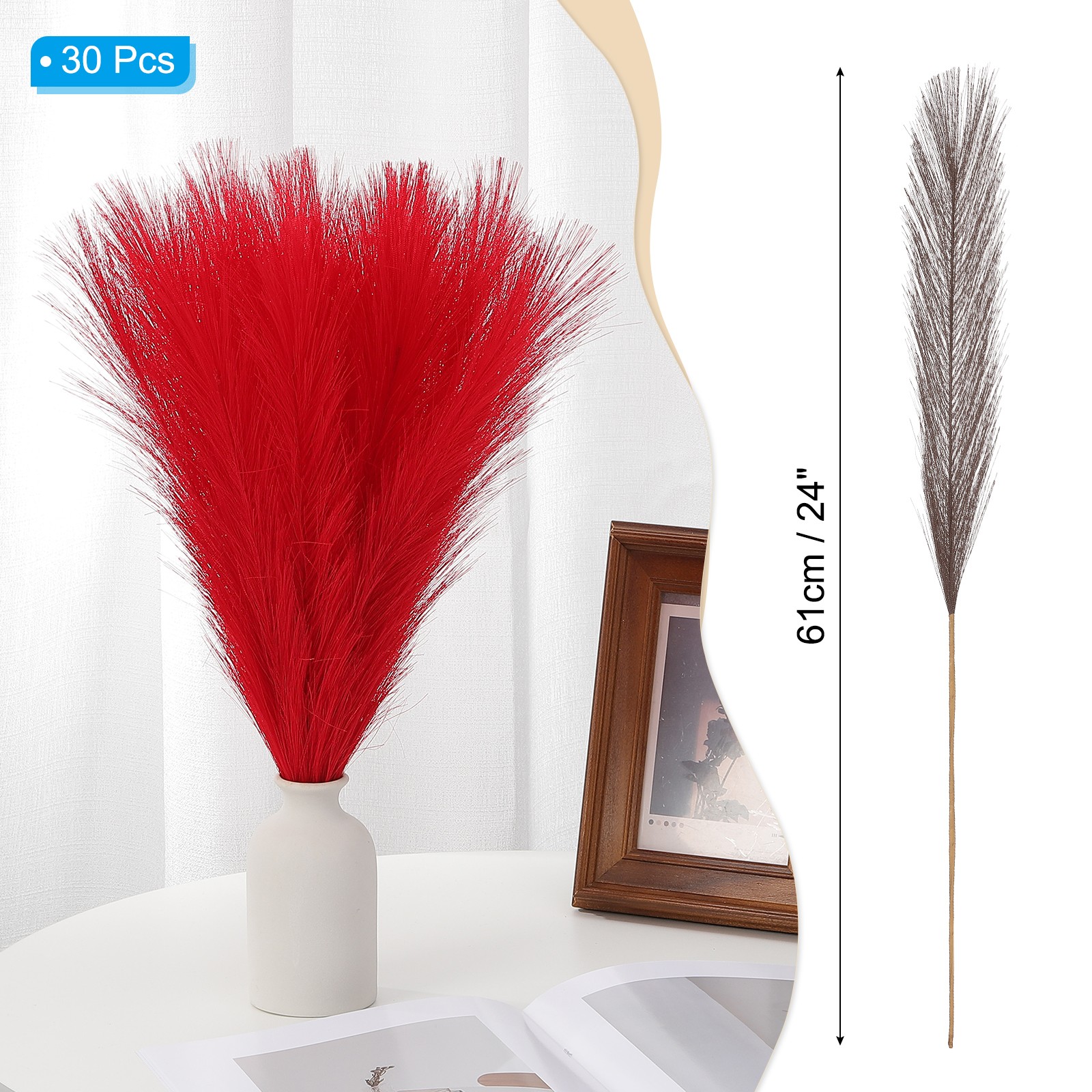24in Pampas Grass Decor 30pcs Artificial Grass Bulk Fluffy Faux Dried Dark Brown