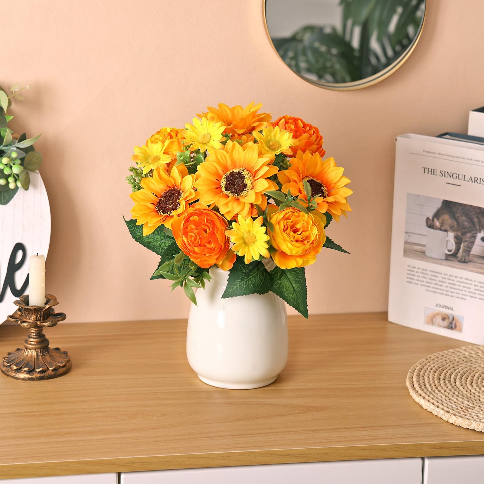 2 PCS Artificial Sunflower Peony Fake Flower Arrangement Vase Bouquet