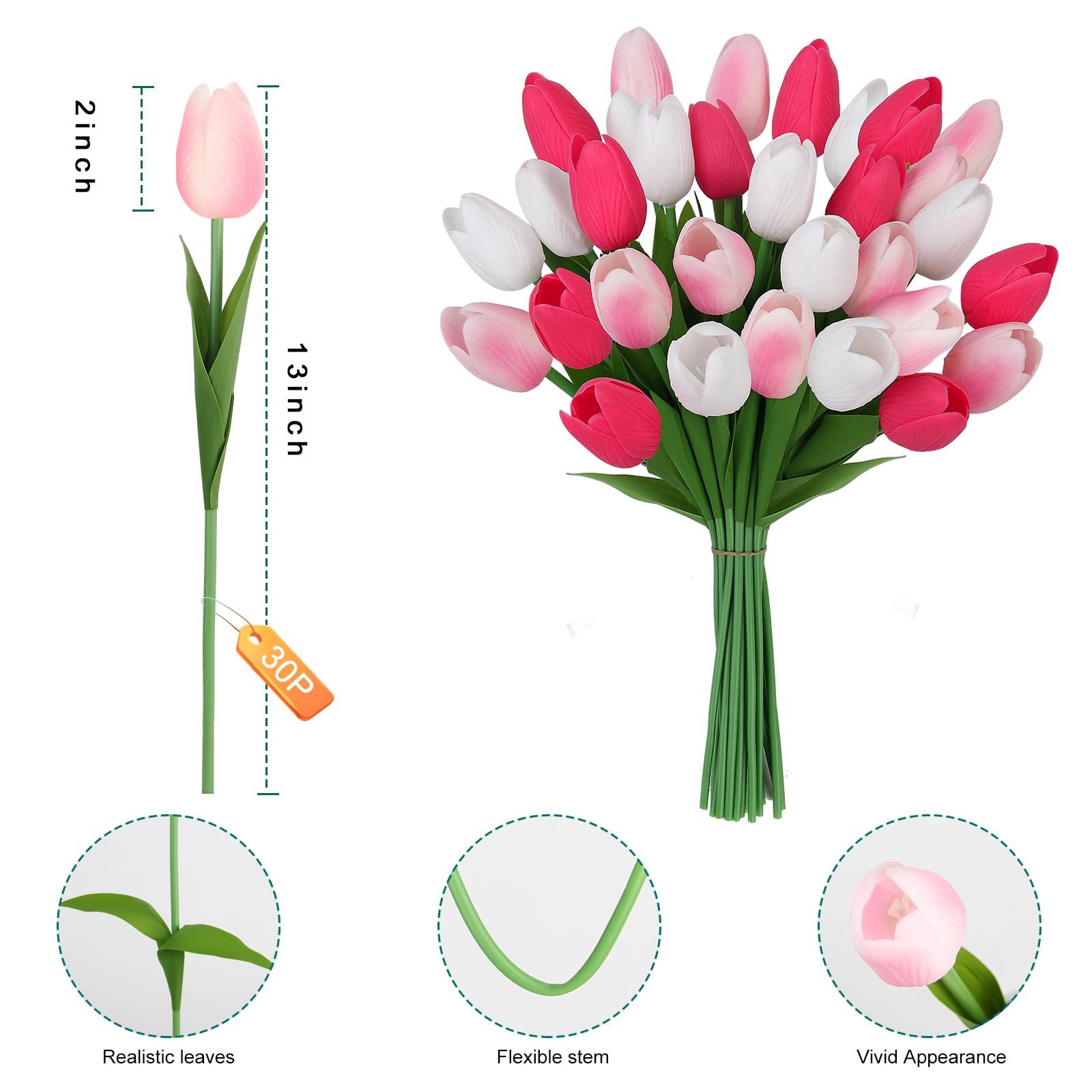 APPOK Artificial Tulips Flowers Fake Latex Tulip Stems – 30pcs Real Touch Fau…