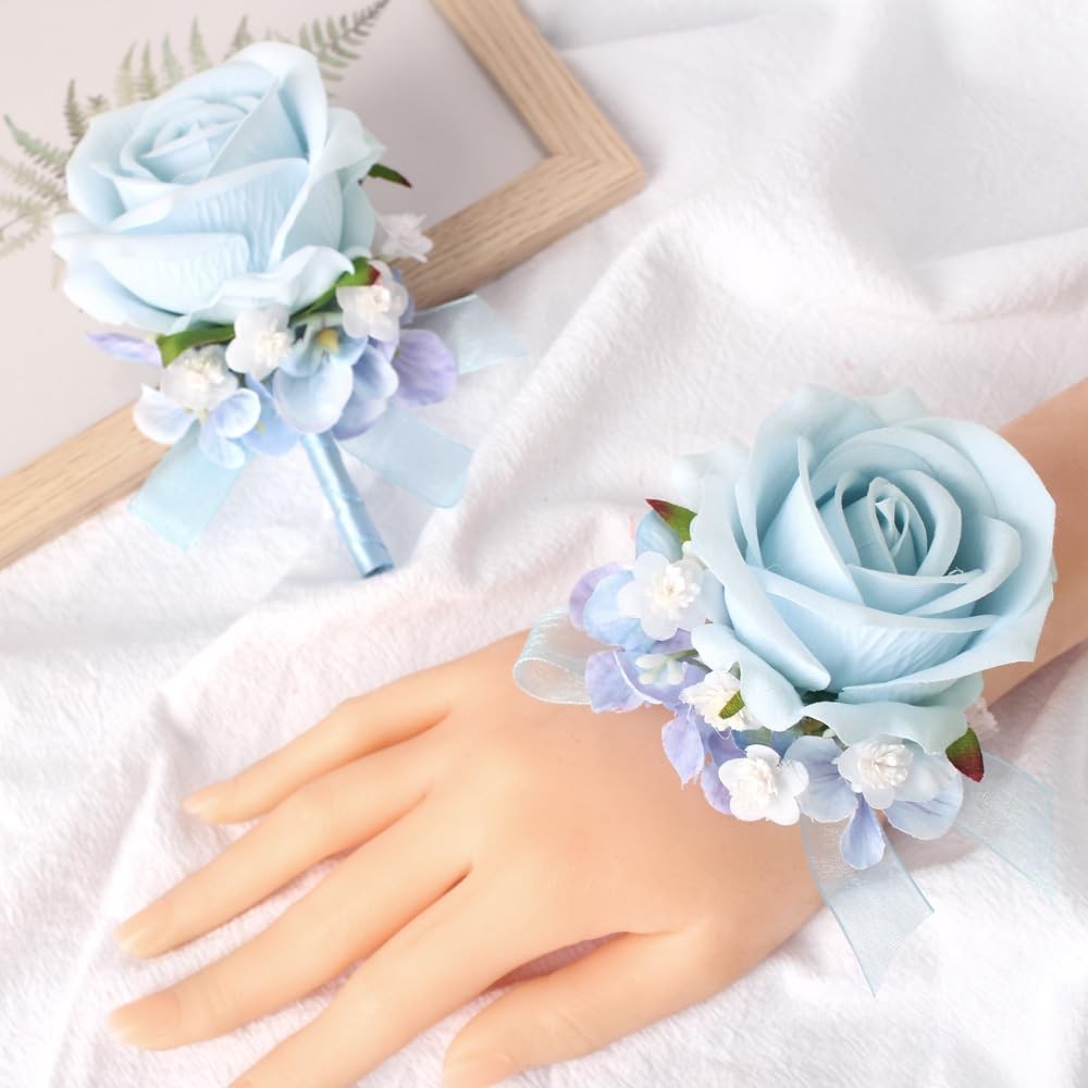 Light Blue Rose Corsage Wristlet And Boutonniere Set Artificial Flowers