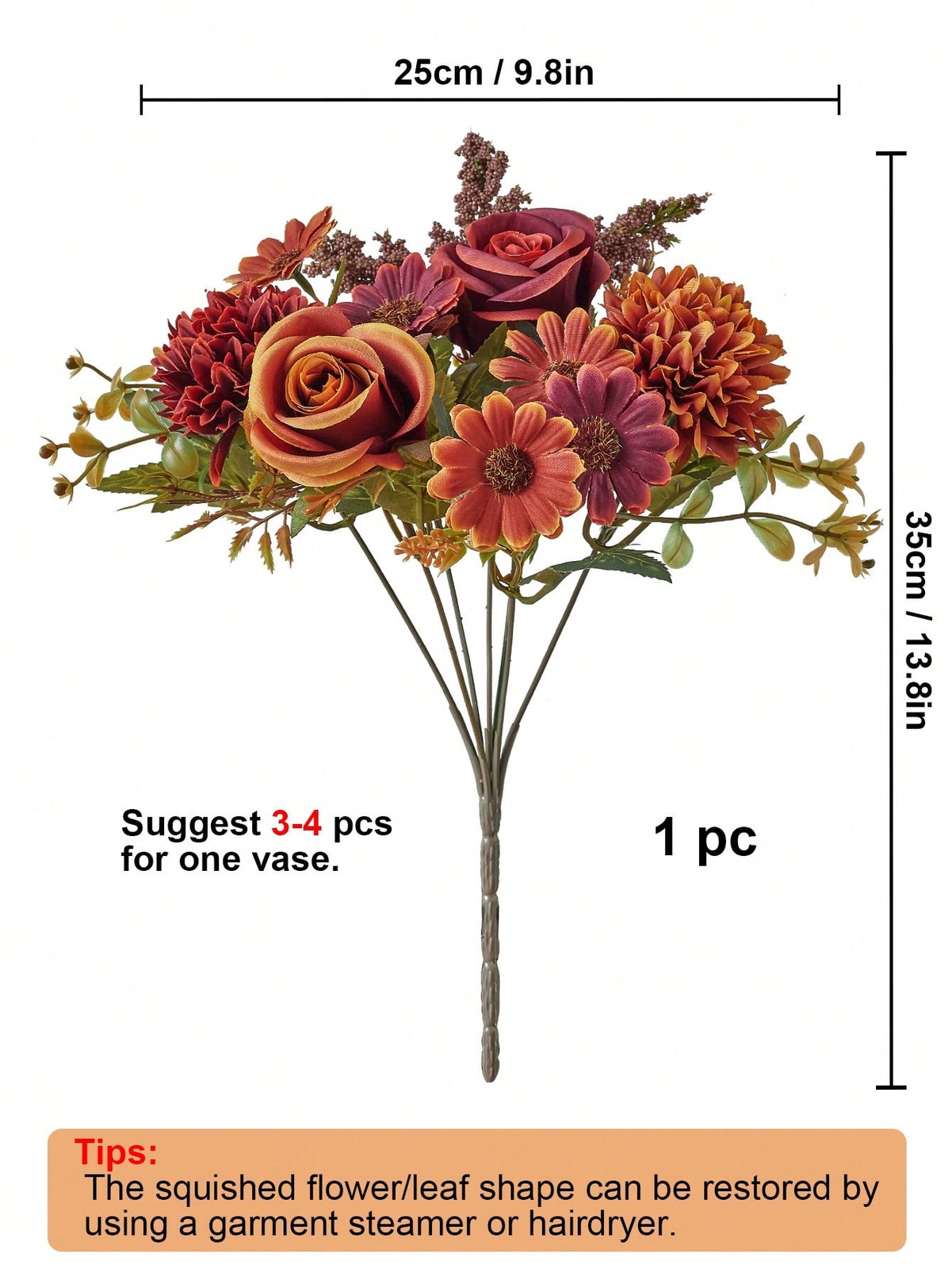 Orange Artificial Silk Rose Daisy Bouquet 1 Pc Or 3 Pcs For Home Wedding Decor