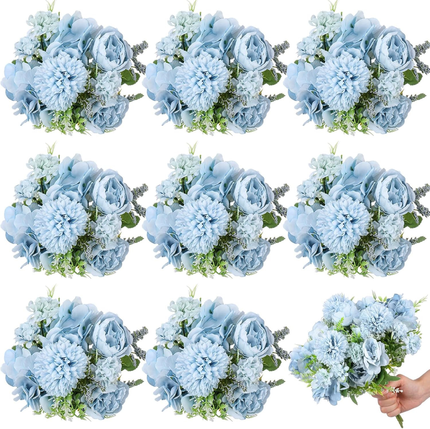 Realistic Silk Peony Hydrangea Bouquet – 8 Pcs Blue Faux Flowers for Decor