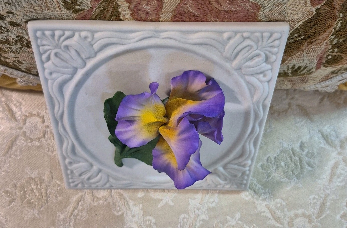 Vintage Blue Yellow Iris Fabar Capodimonte Porcelain Italy Flower Sculpture