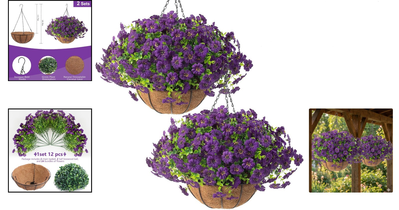 Charming 2-Piece Outdoor Flower Planters with 24 UV-Resistant Decorative Blooms