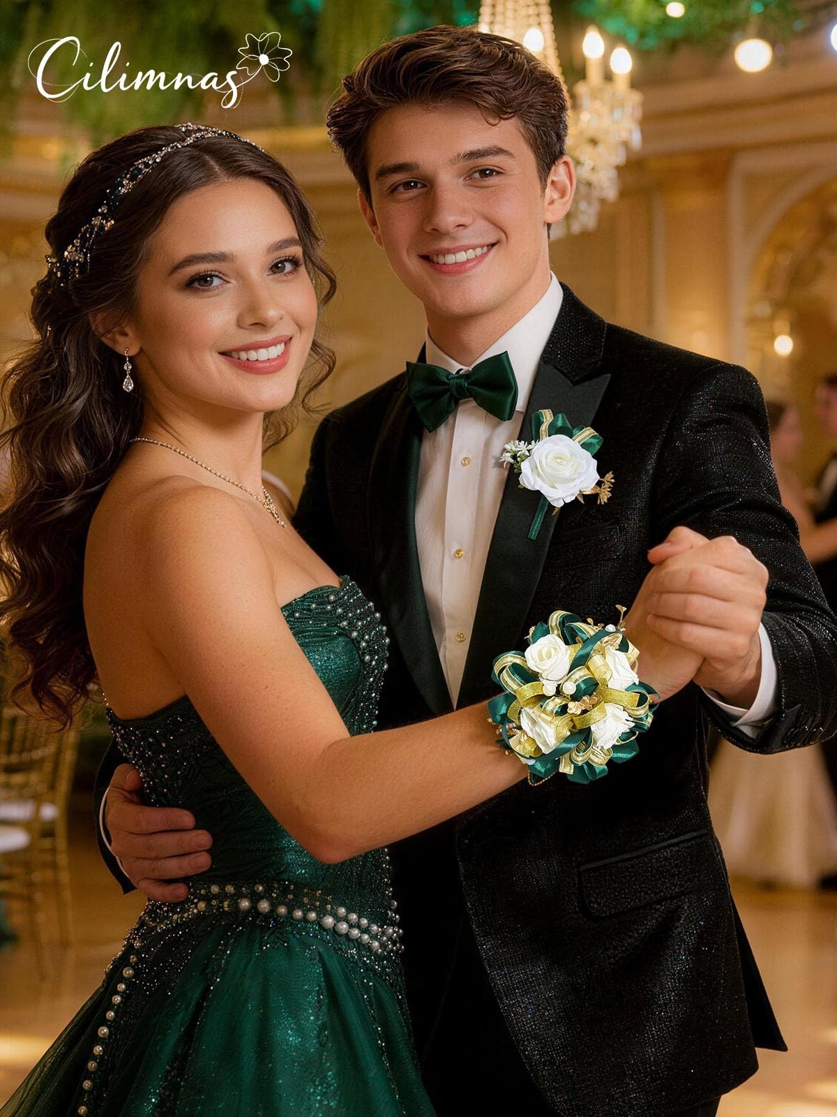 Prom Corsage Boutonniere Set Artificial Silk Ivory Rose Dark Green Ribbon