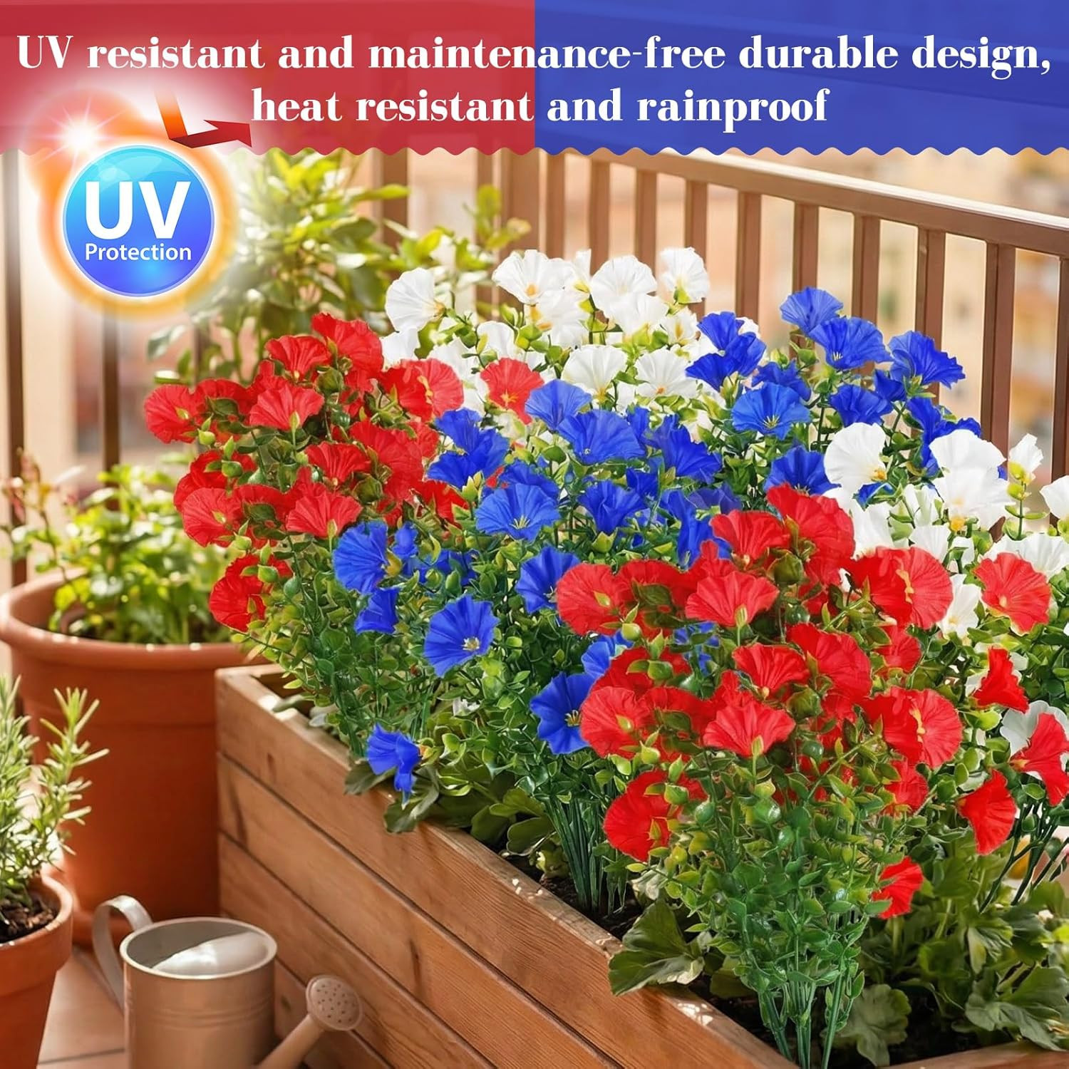 12 Pcs Red White Blue Artificial Flower Outdoor UV Resistant Petunias Patriotic