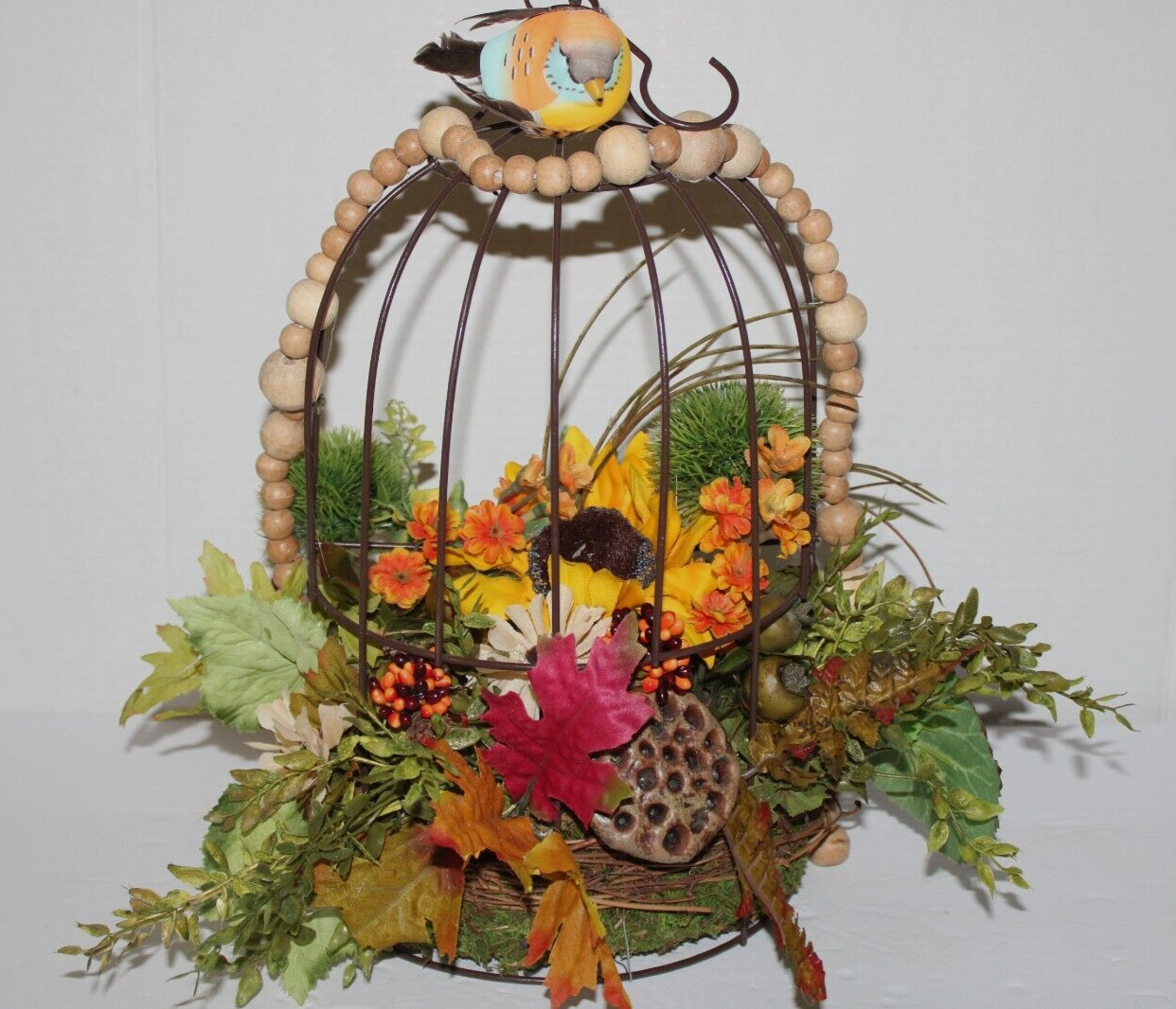 FALL AUTUMN FLOWER ARRANGEMENT BIRD CAGE CENTERPIECE 15”