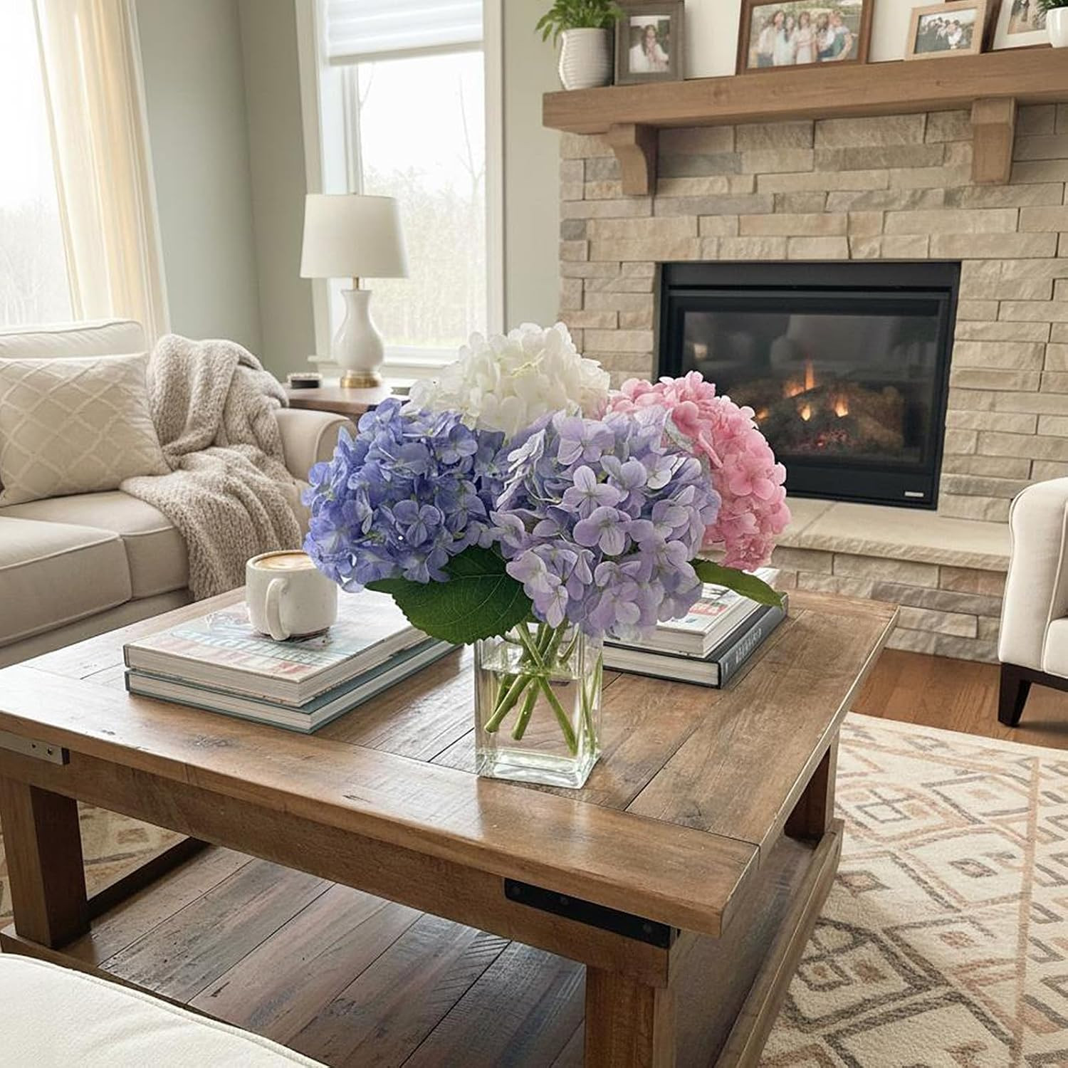 Real Touch Hydrangea Silk Flowers in Glass Vase – Elegant Home Decor Centerpiece
