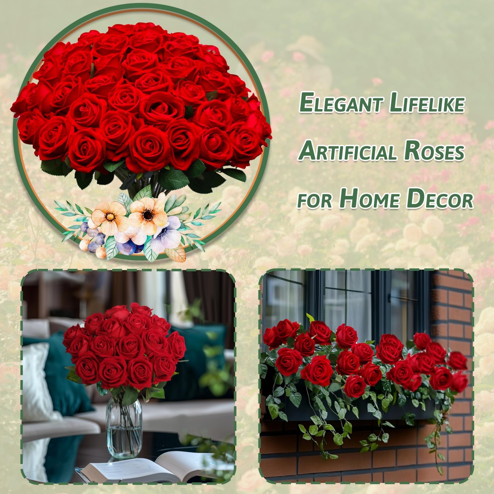 50 PCS Artificial Red Roses – Realistic Silk Flowers for Wedding, DIY Decor, Gif