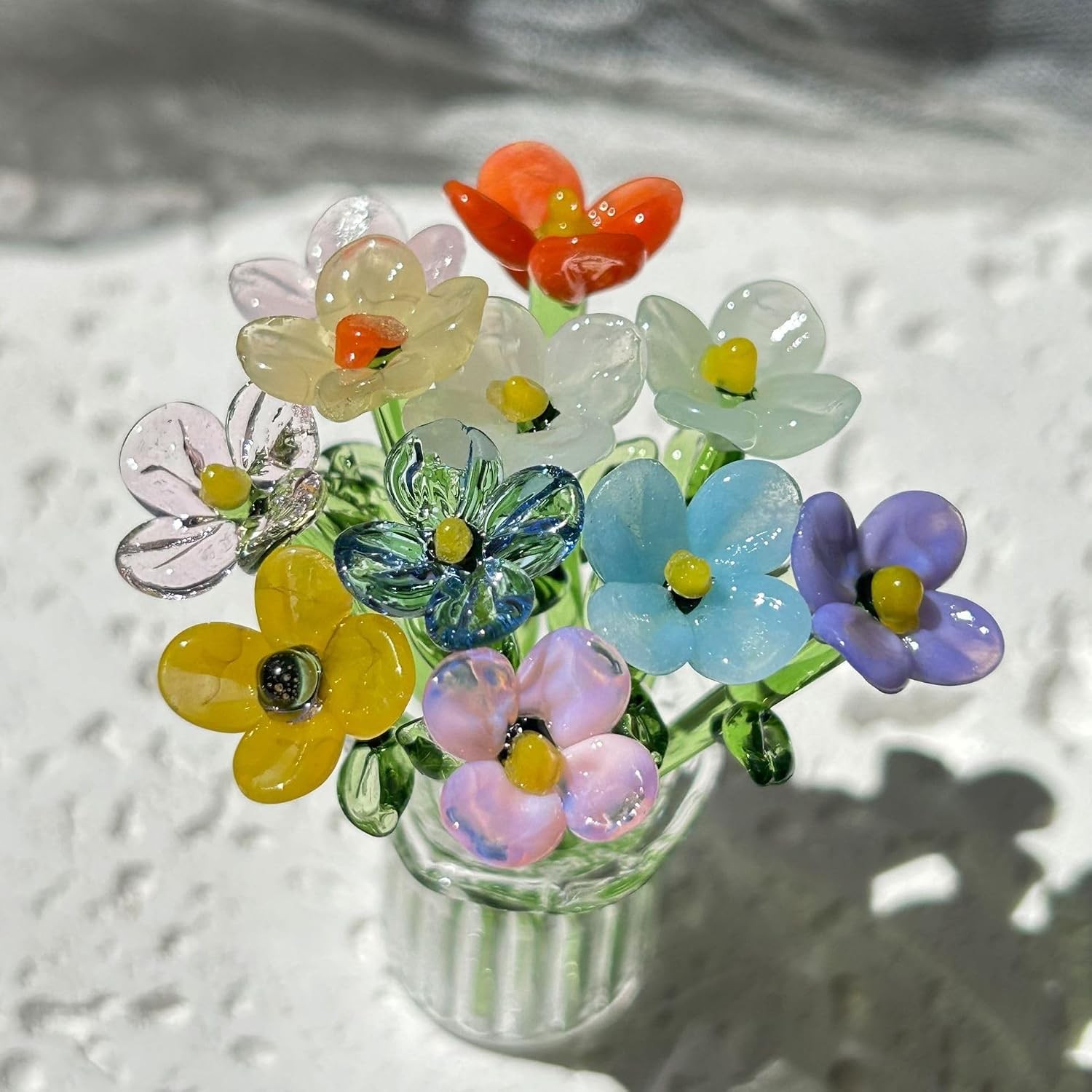 14Pcs Mini Glass Flowers Bouquet Colorful Hand Blown Glass Flower with Vase Arti
