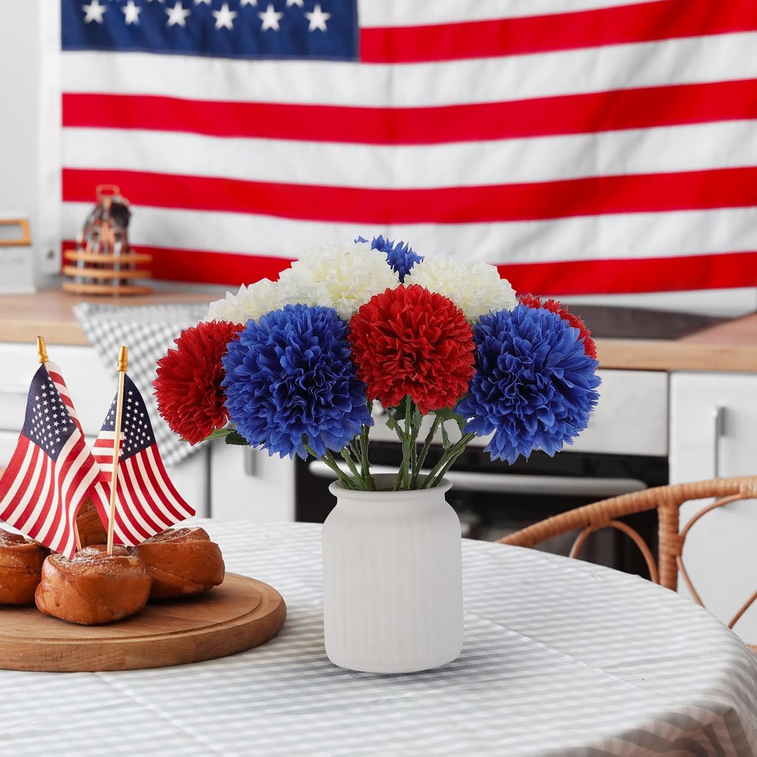 Realistic Silk Chrysanthemums – 12 Count Red, White & Blue – Indoors/Outdoors
