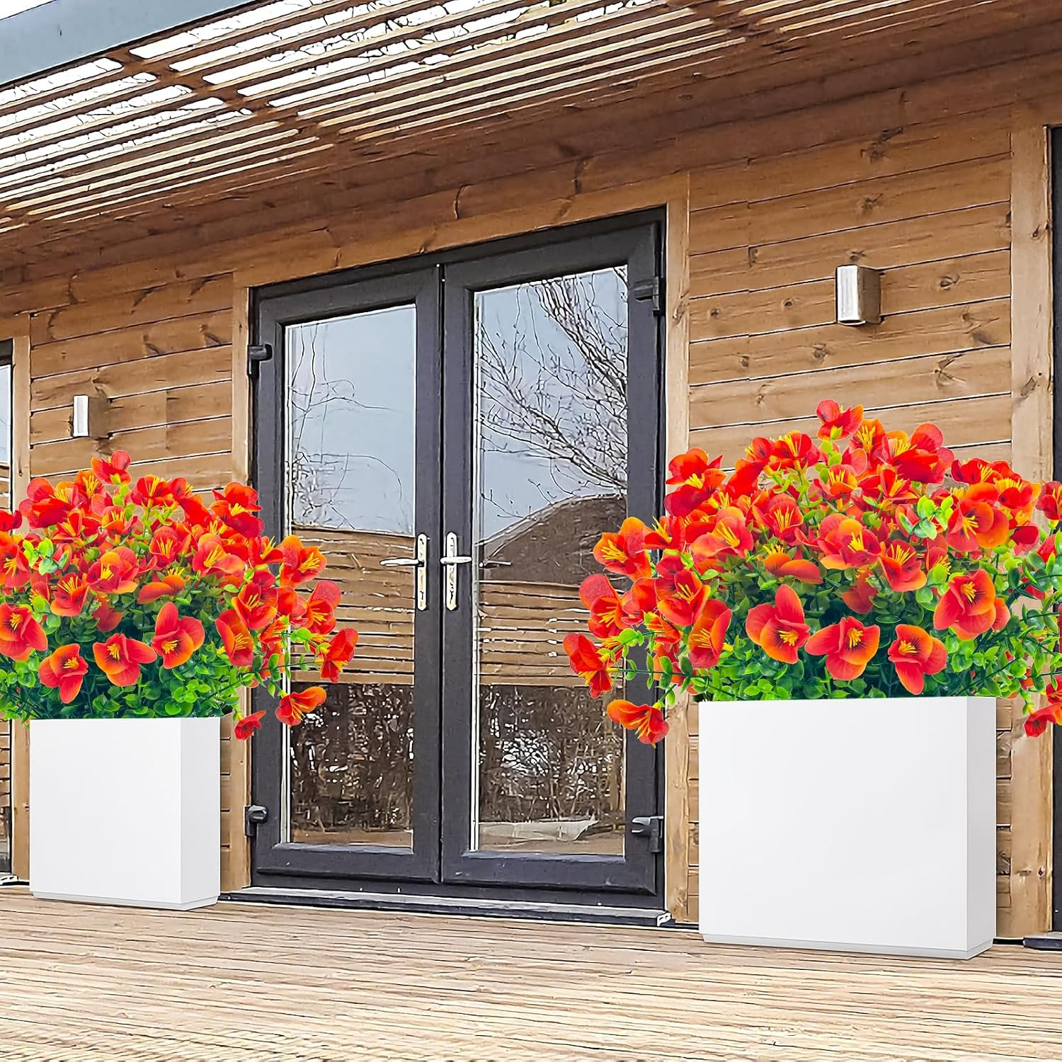 UV Resistant Faux Outdoor Flowers – 20 Bundles of Orange Red Shrubs