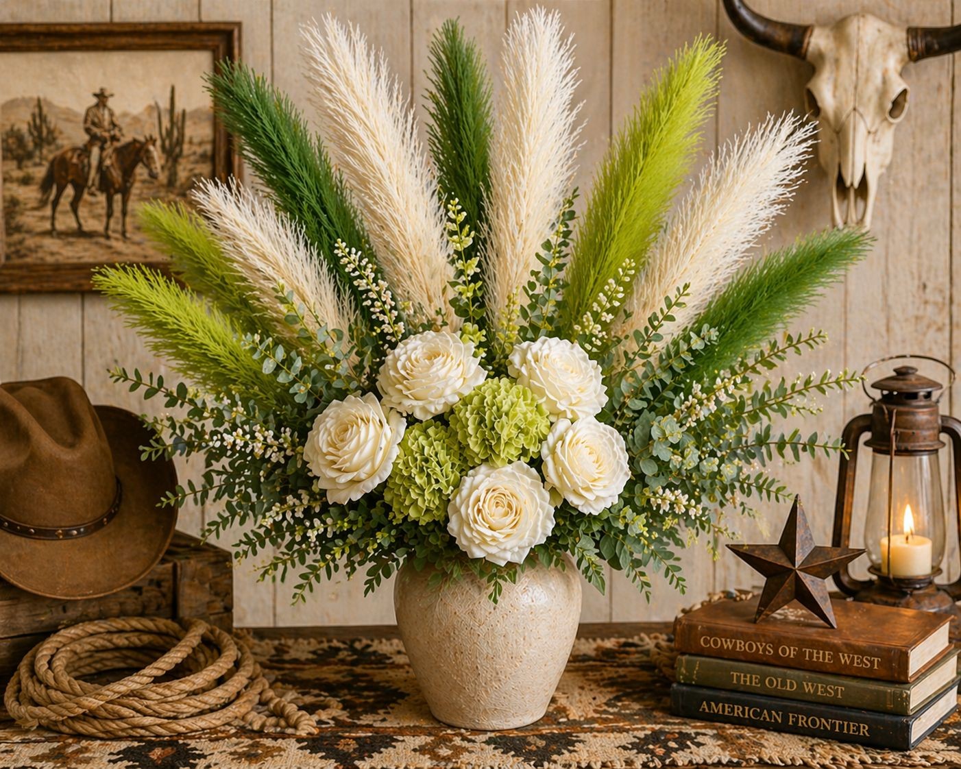 Green Pampas Grass Bundle 16 Stem Faux Pampas White and Green Boho Decor Vase Fi