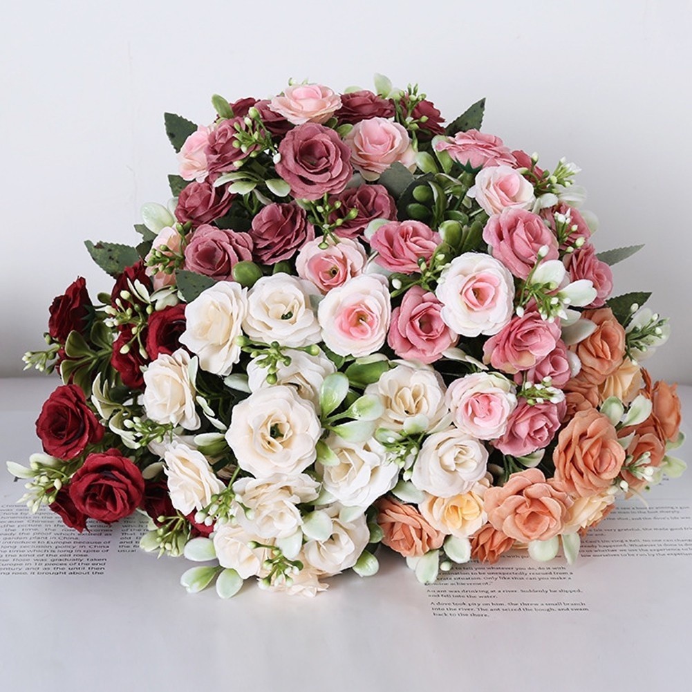 Faux Rose Bouquet with 15 Plastic Blooms for Bridal Use or Interior Decoration