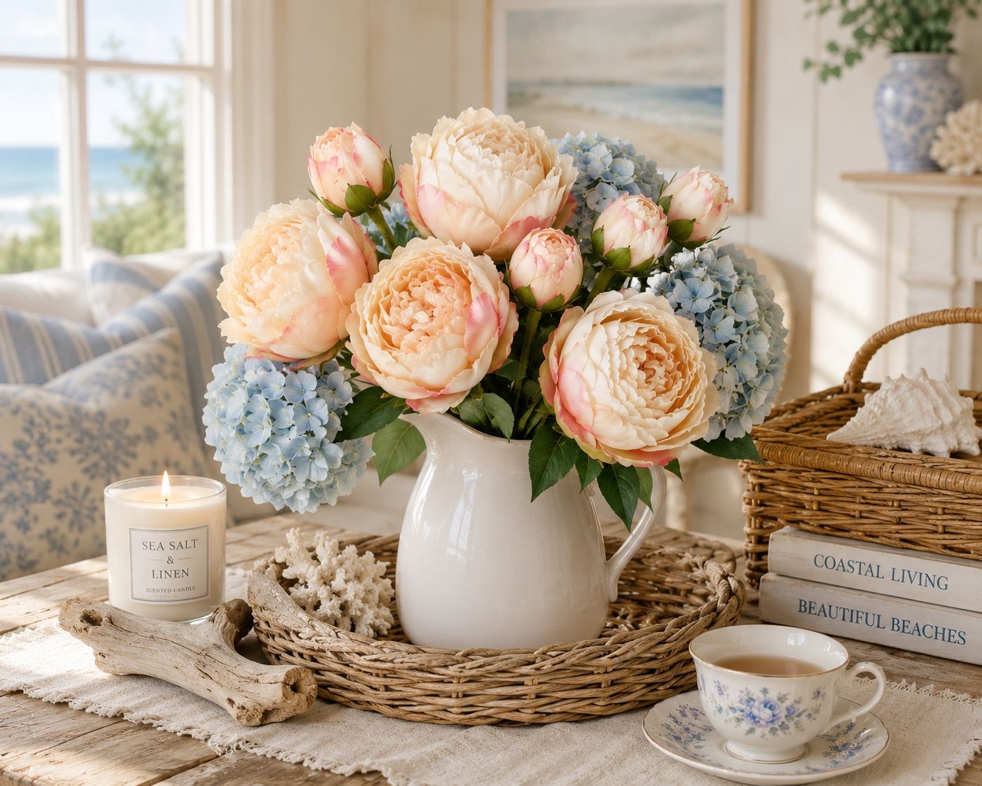 Faux Peony Bouquet Cream Pink Artificial Flowers Cottagecore Decor French Cottag