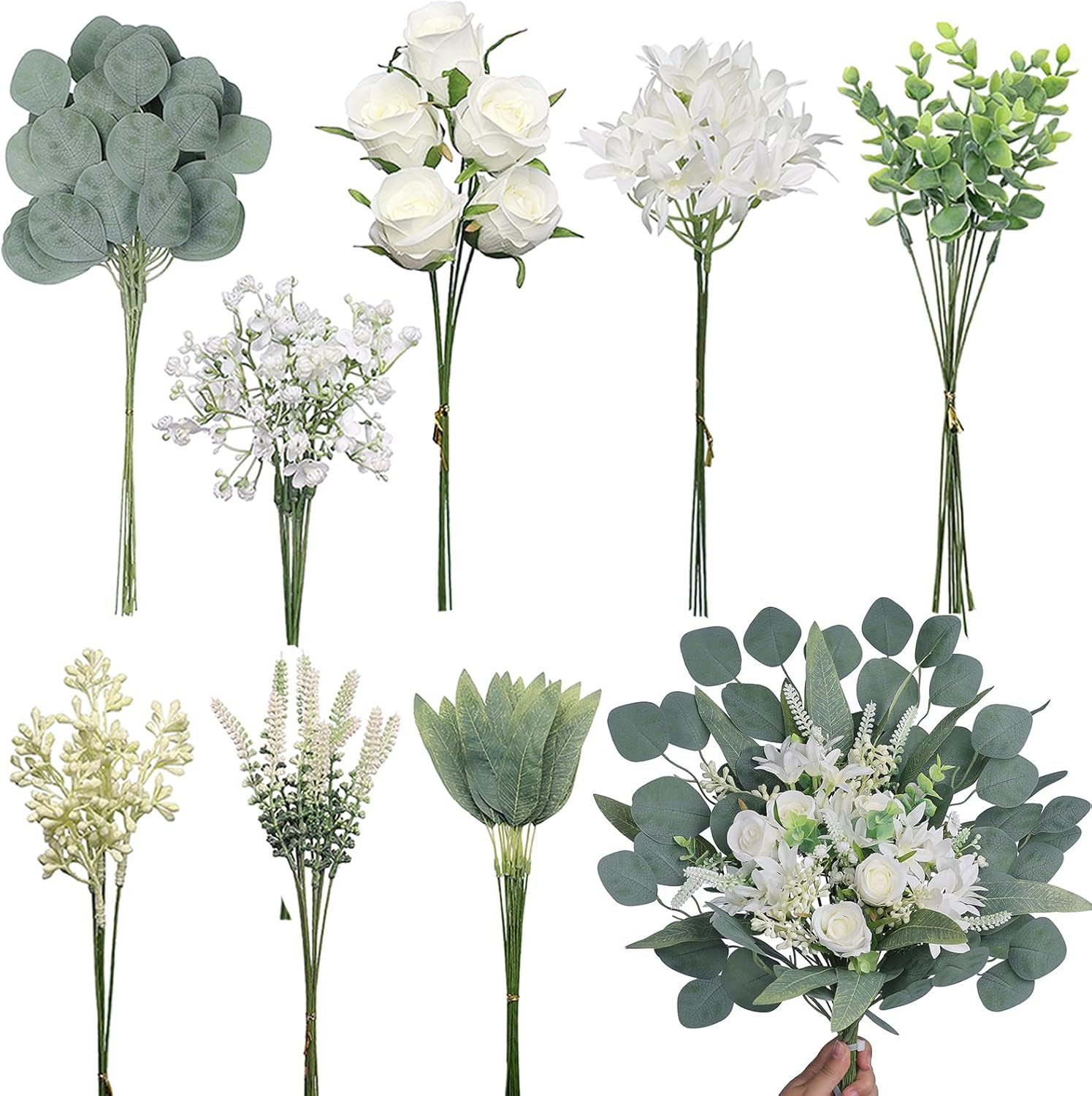 Artificial Greenery Stems Box Set(Pack of 75Pcs) with 8 Kinds of Faux Plants and