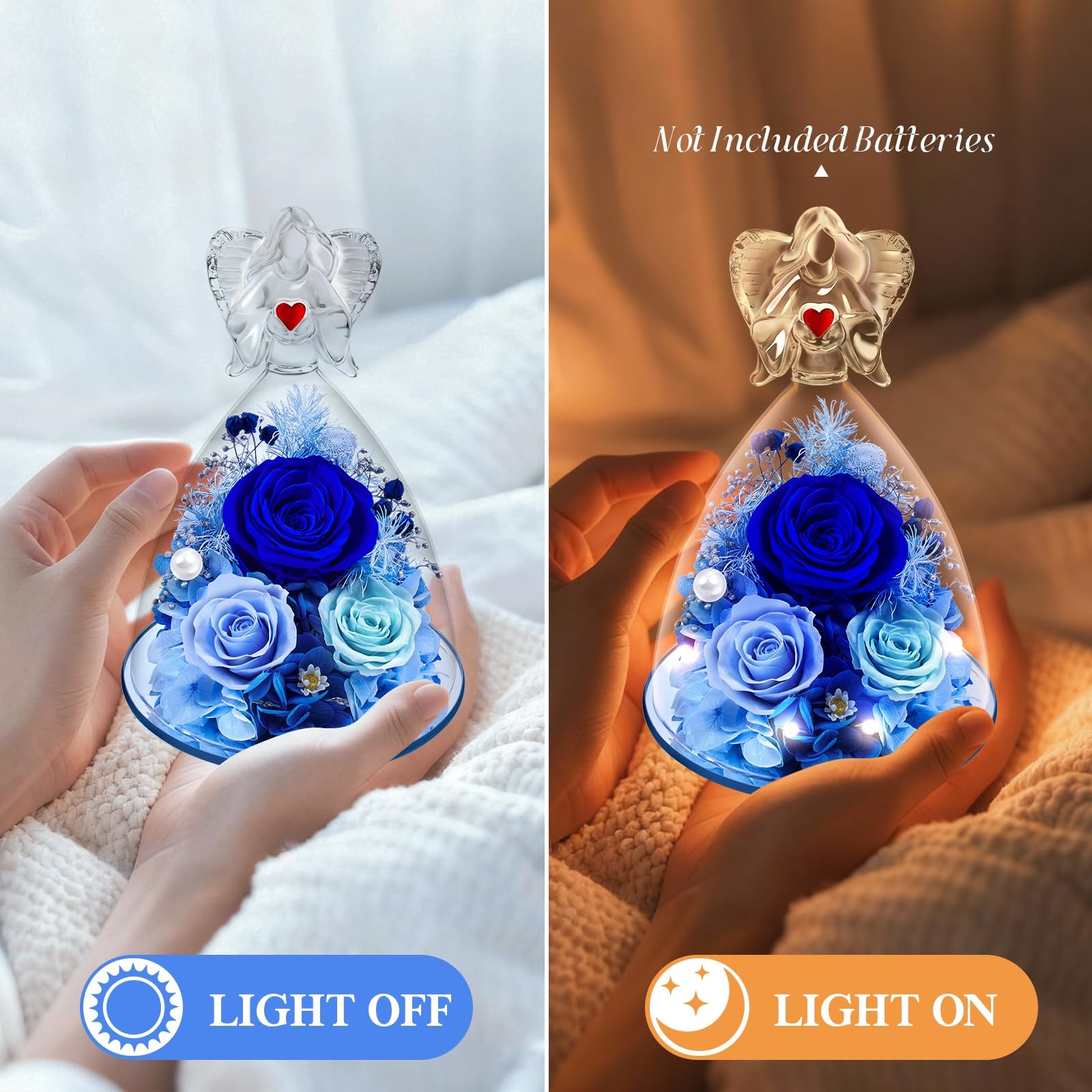 Preserved Flowers in Glass Angel Figurine with LED Light,Forever Real Roses P…
