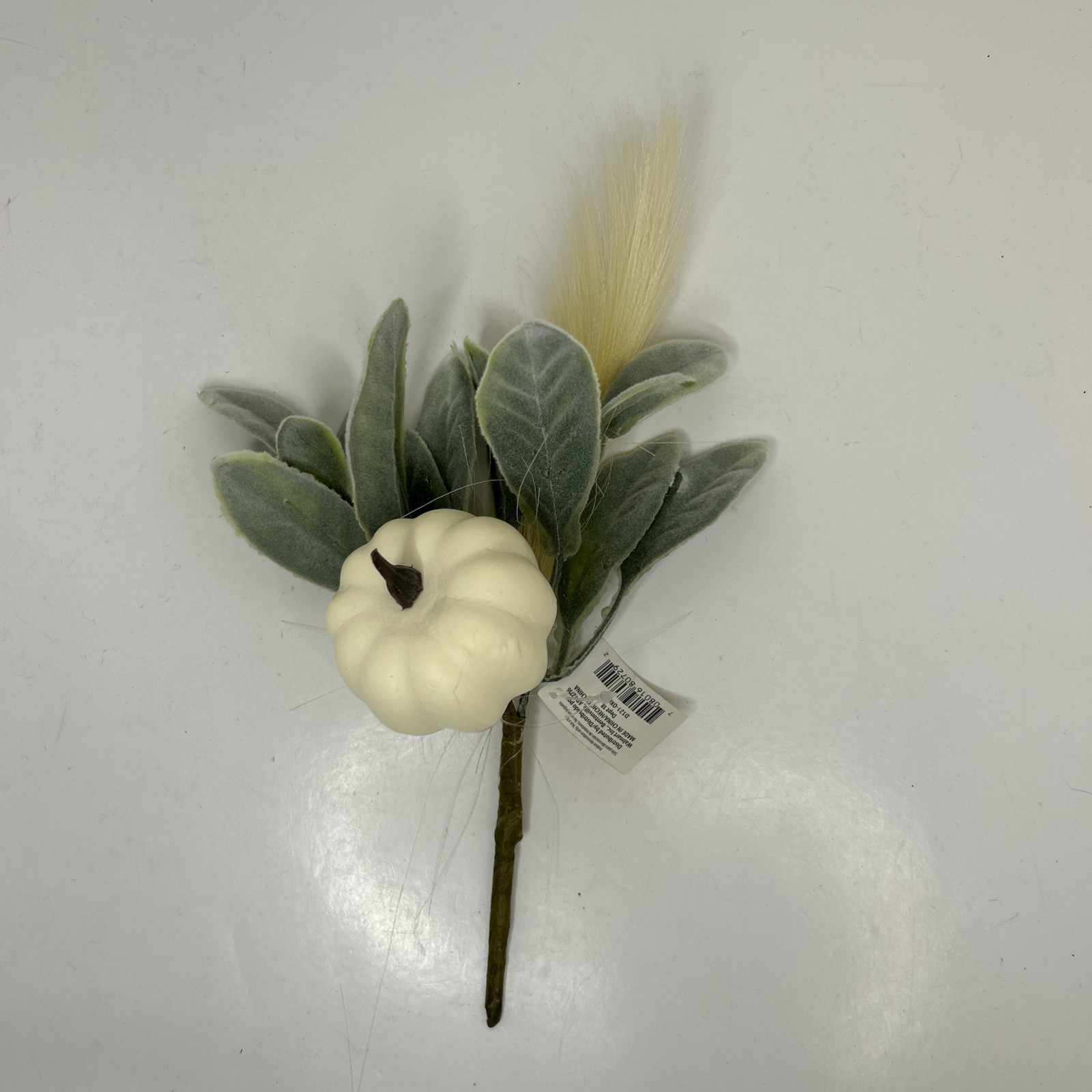 10 Artificial Fall Pumpkin Floral Pick W/Faux Lambs Ear & Feather Grass