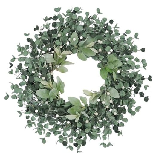 22-inch Spring Wreath Artificial Green Eucalyptus Leaves Wreath with White