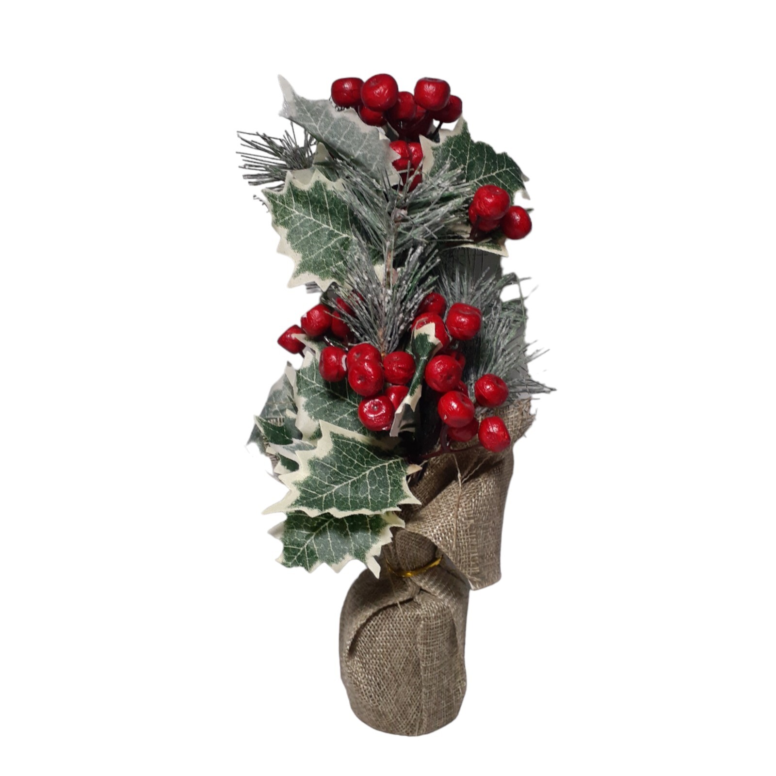 Home Decor Plant Artificial Holly Berries Pine Ivy Greenery In Burlap Winter 11″