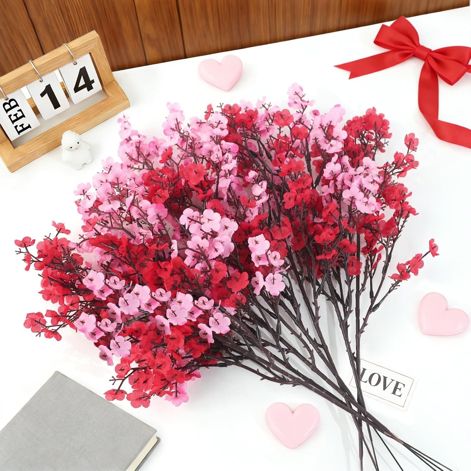 6 Pcs Valentine’s Day Artificial Baby’s Breath Flowers, Red Pink Faux Gypsoph…