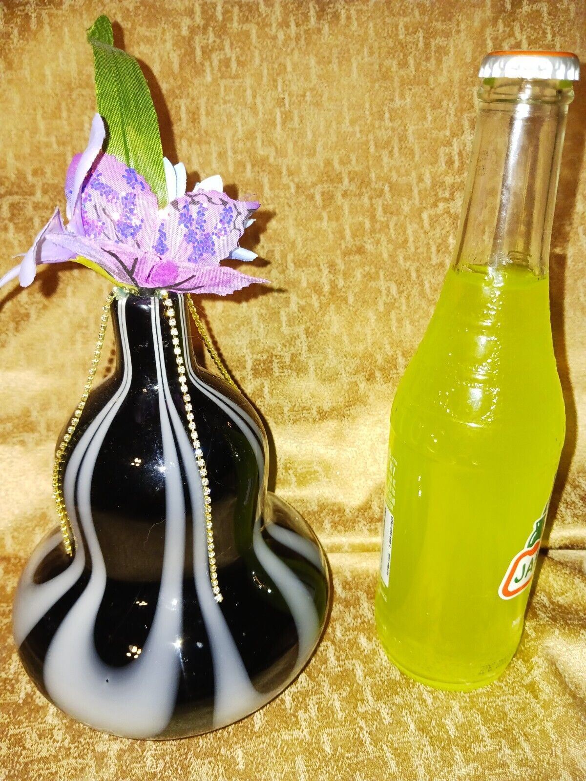 Artificial Flower Arrangement With Vintage Black & White Glass Vase Art Deco