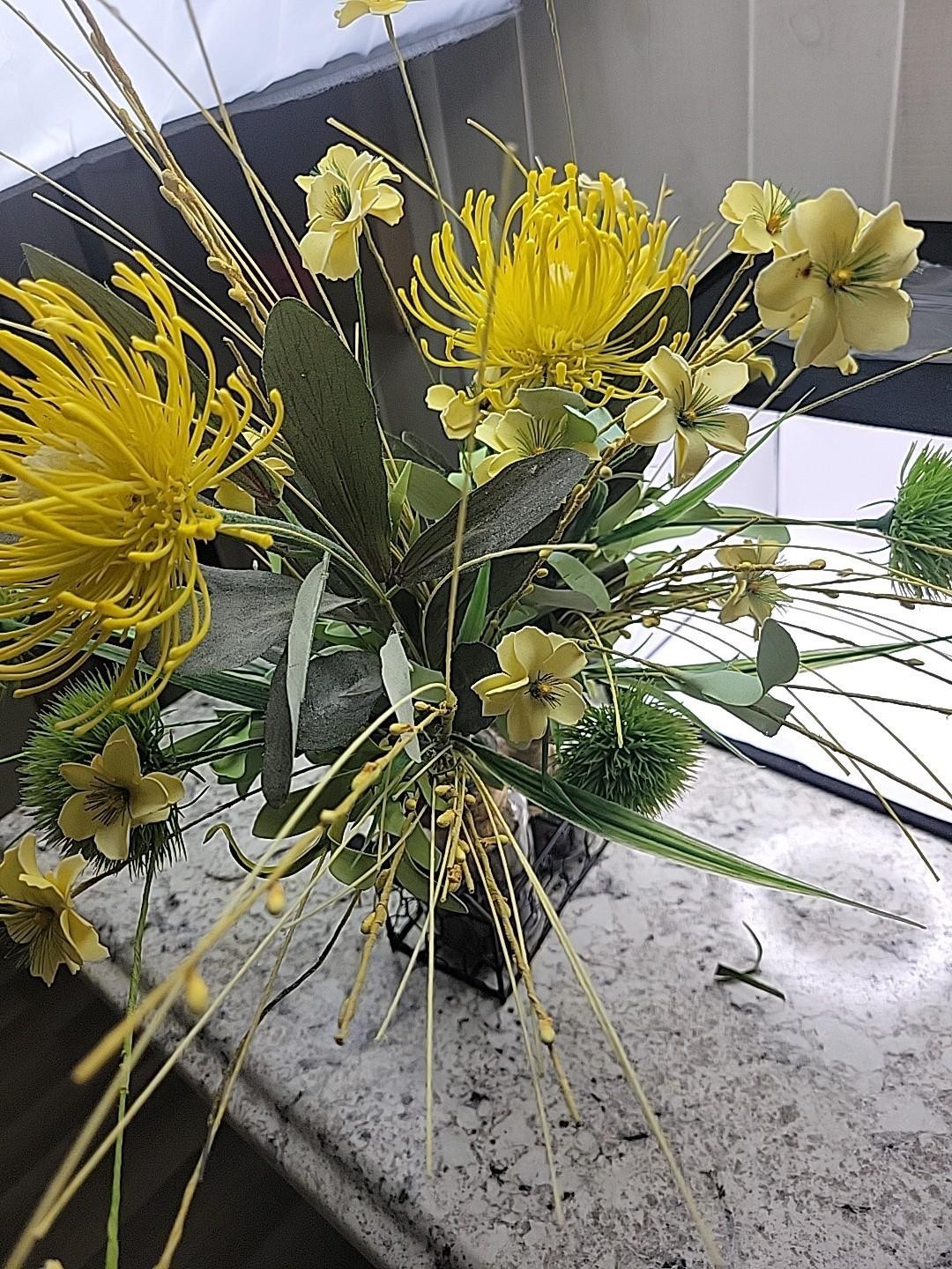 Farmhouse Yellow Artificial Flower Arrangement Glass Jars Metal Caddy Rustic…