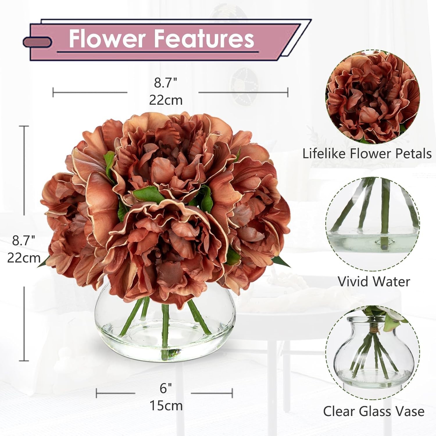 Realistic Faux Peony Arrangement with Vase
