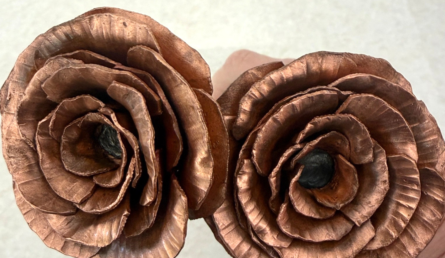 Copper-Tone Metal Rose Sculpture Pair 7” 9” Handcrafted Floral Decor