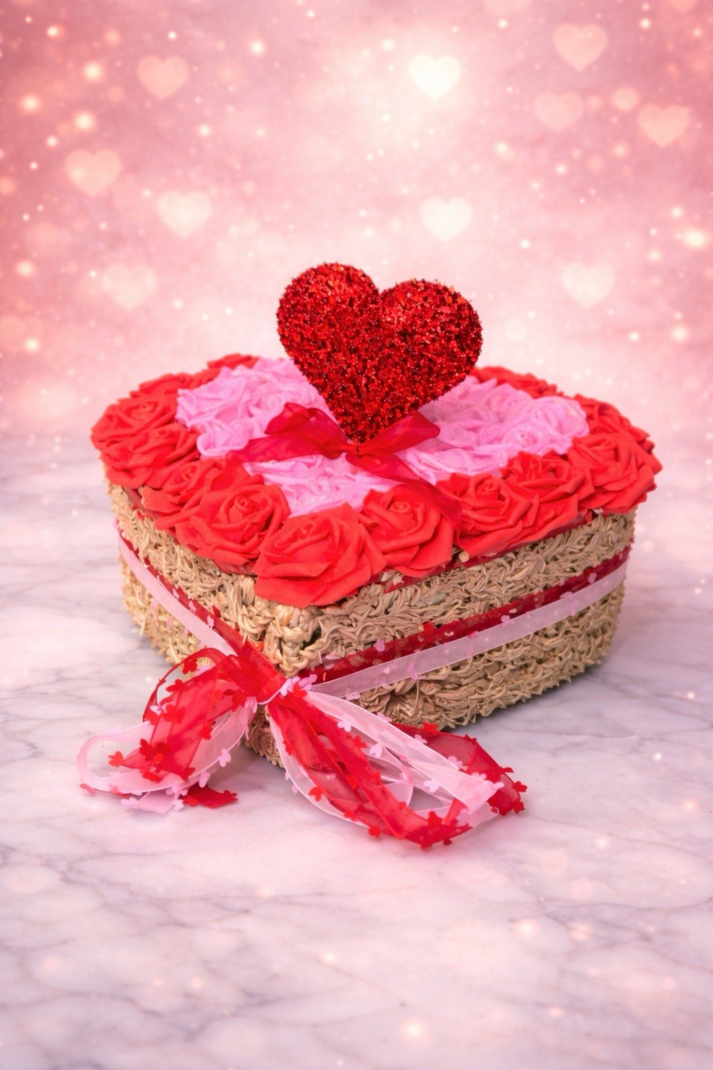 Red And Pink Forever Roses In A Wooden Heart Shaped Box