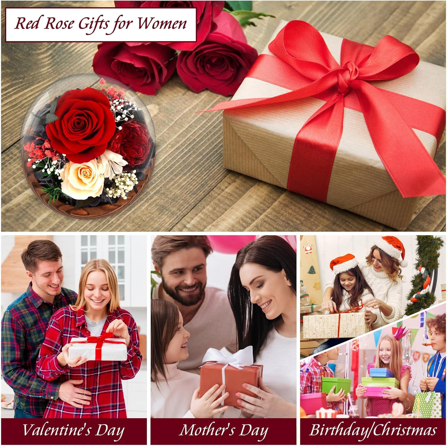 Birthday Gifts for Women Preserved Red Real Rose Flowers in Glass Dome, Forever