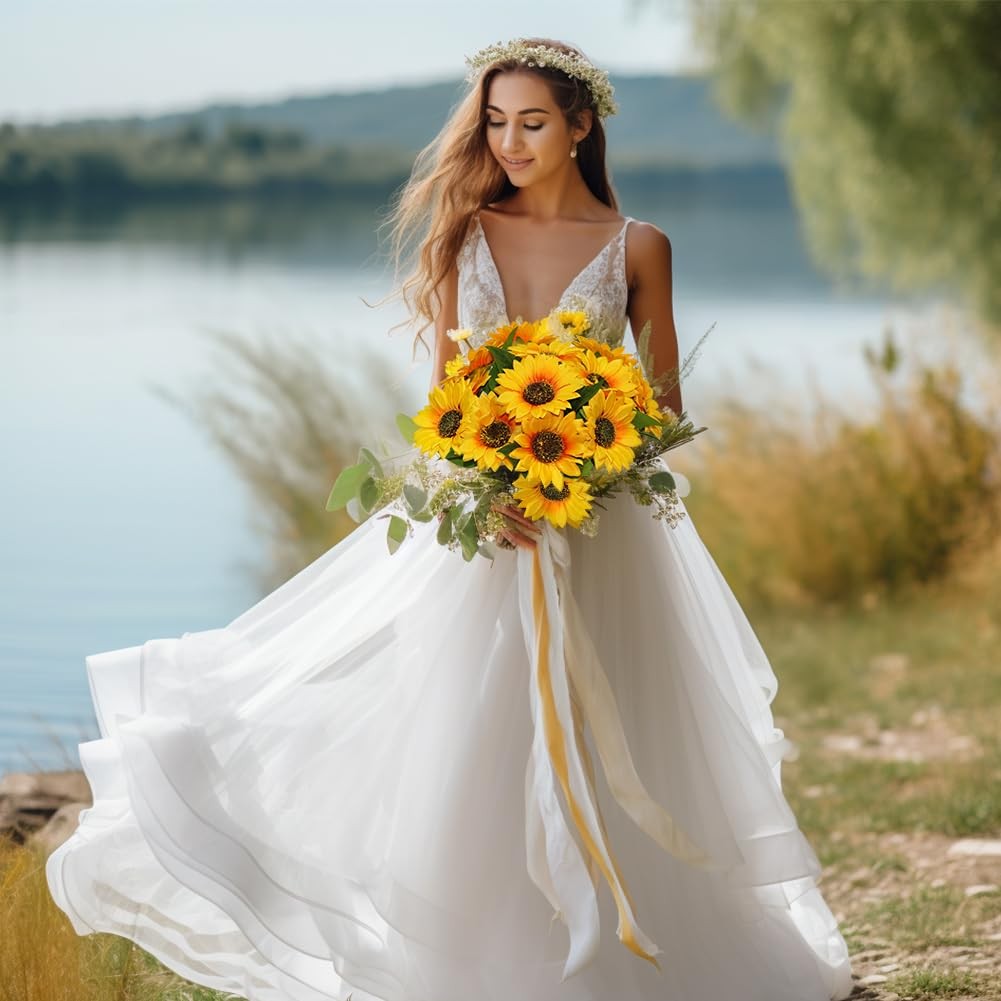 Artificial Sunflowers with Stems,10pcs Faux Silk Yellow Flower for Wedding Bo…