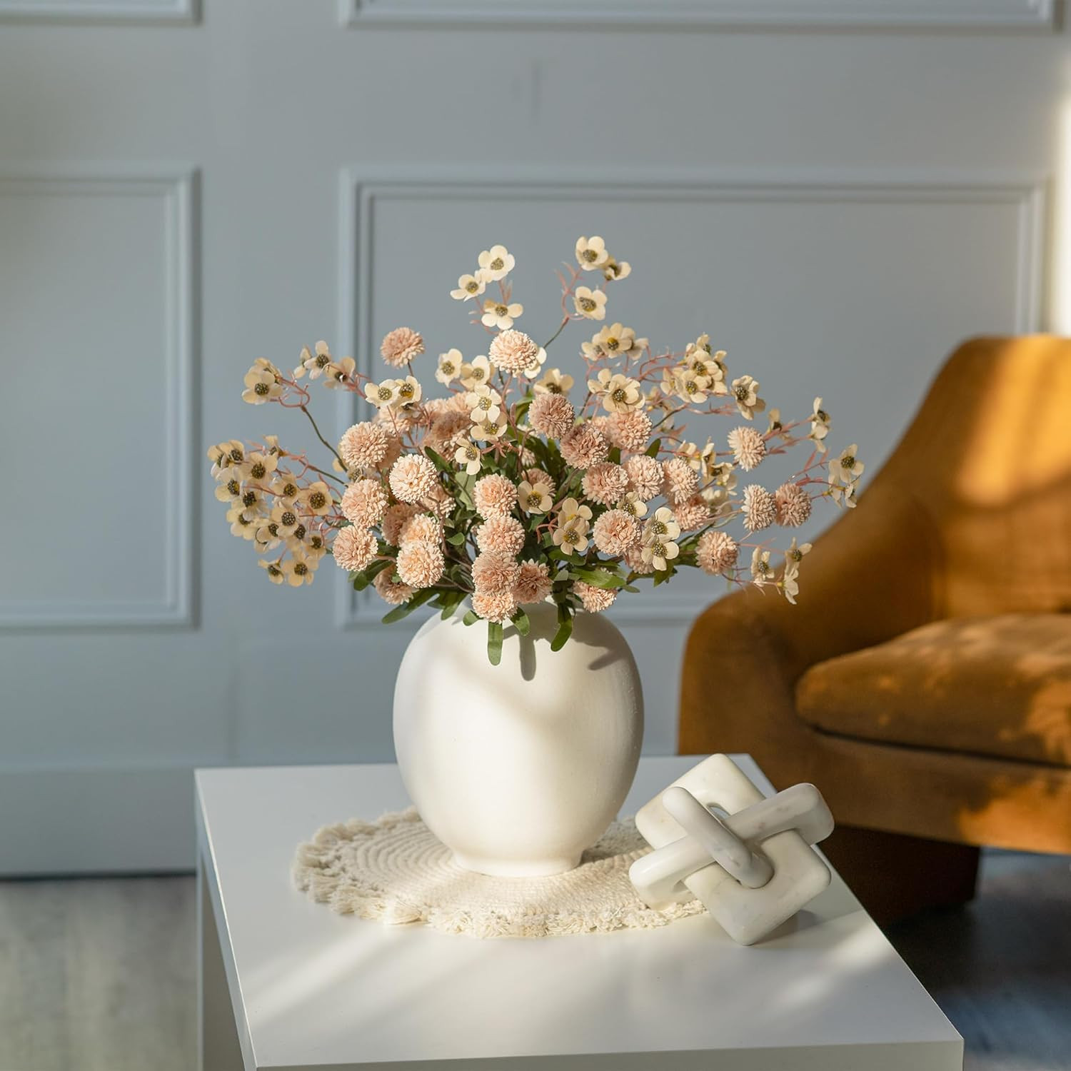 Faux Silk Pompon Mums Artificial Flowers for Vase Kiku Stems & Eucalyptus Floral