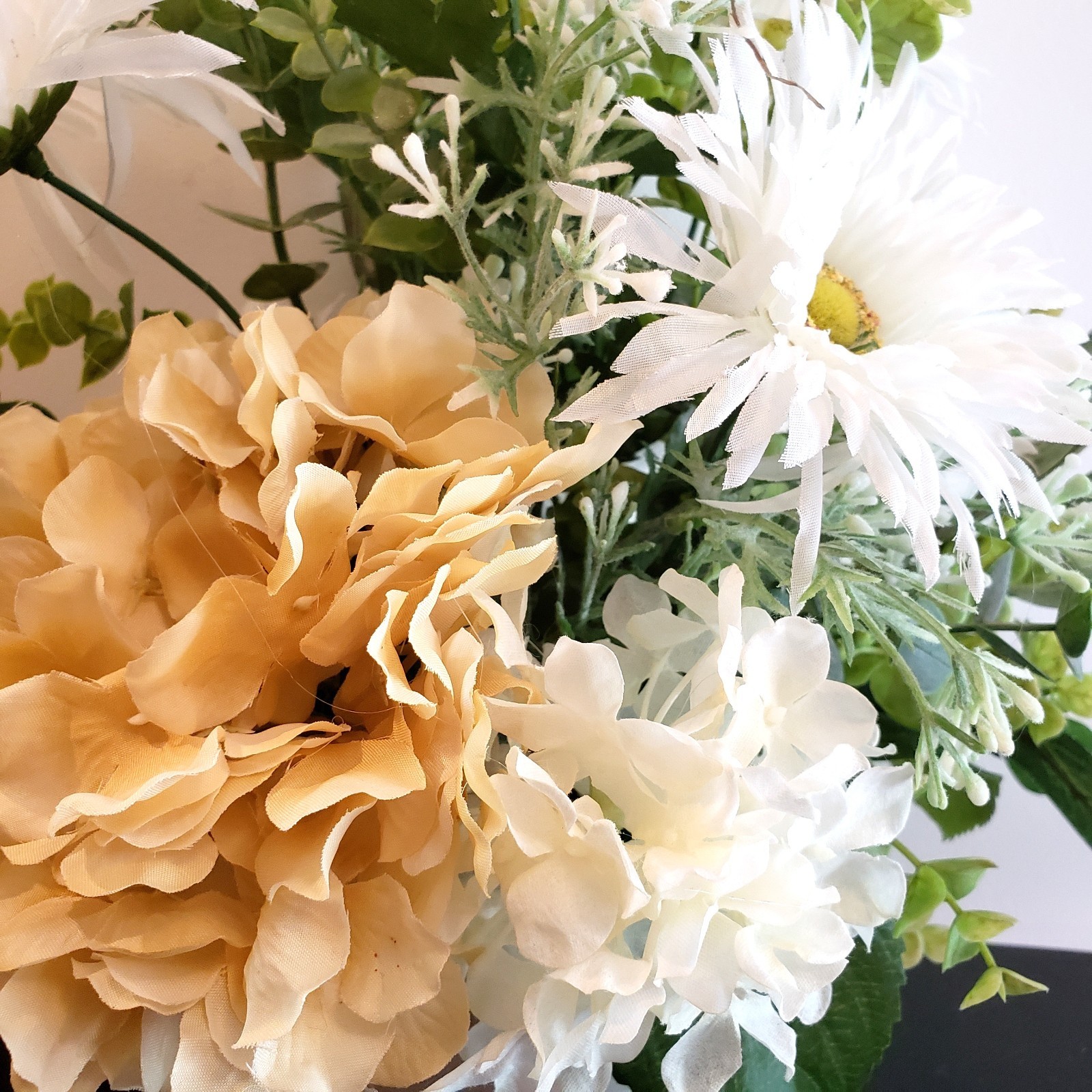 Cream Hydrangea & White Daisy Faux Floral Arrangement, Cottage Style Centerpiece