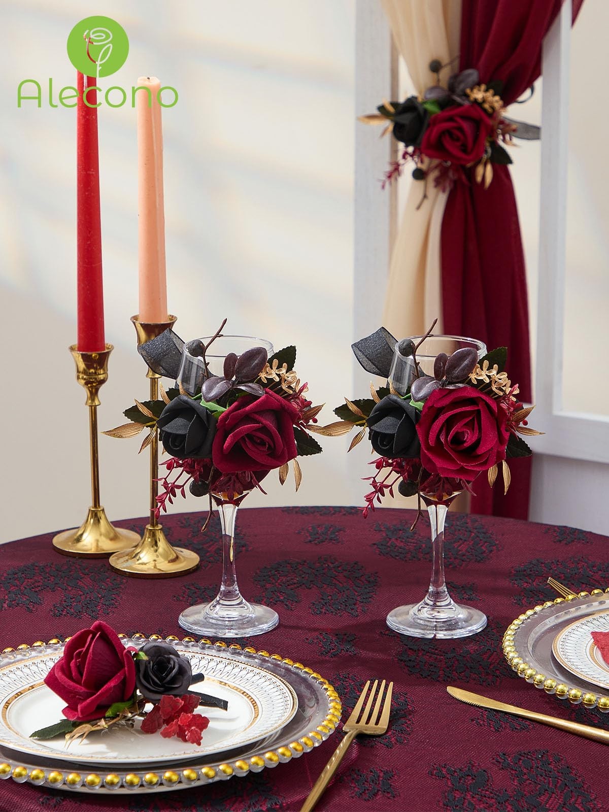 Burgundy Red Black Rose Corsage Boutonniere Set Wristlet Wedding Prom Flower