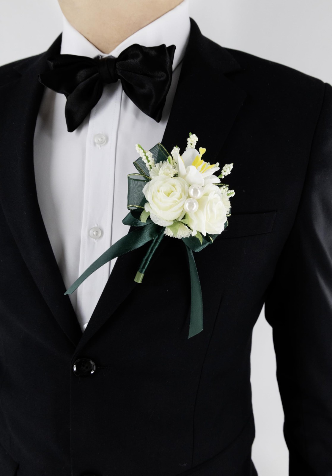 White Rose Corsage and Boutonniere Set, Prom Flower Wrist Corsage Wristlet Ba…