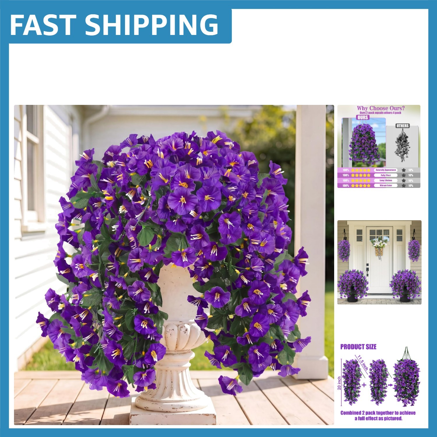 2PCS Realistic Purple Morning Glory Hanging Flowers | UV Resistant Outdoor Decor