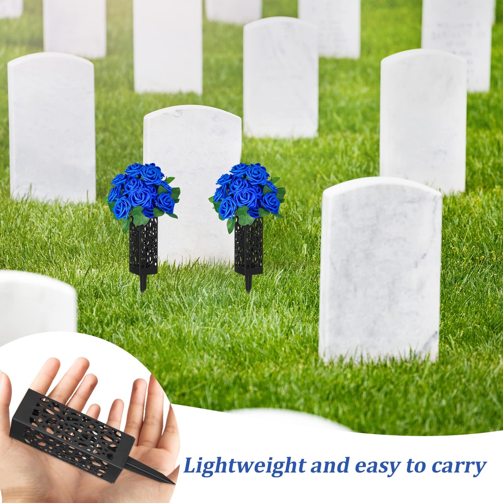 50 Artificial Cemetery Flowers with 2 Cemetery Vase Blue Rose Floral Grave De…