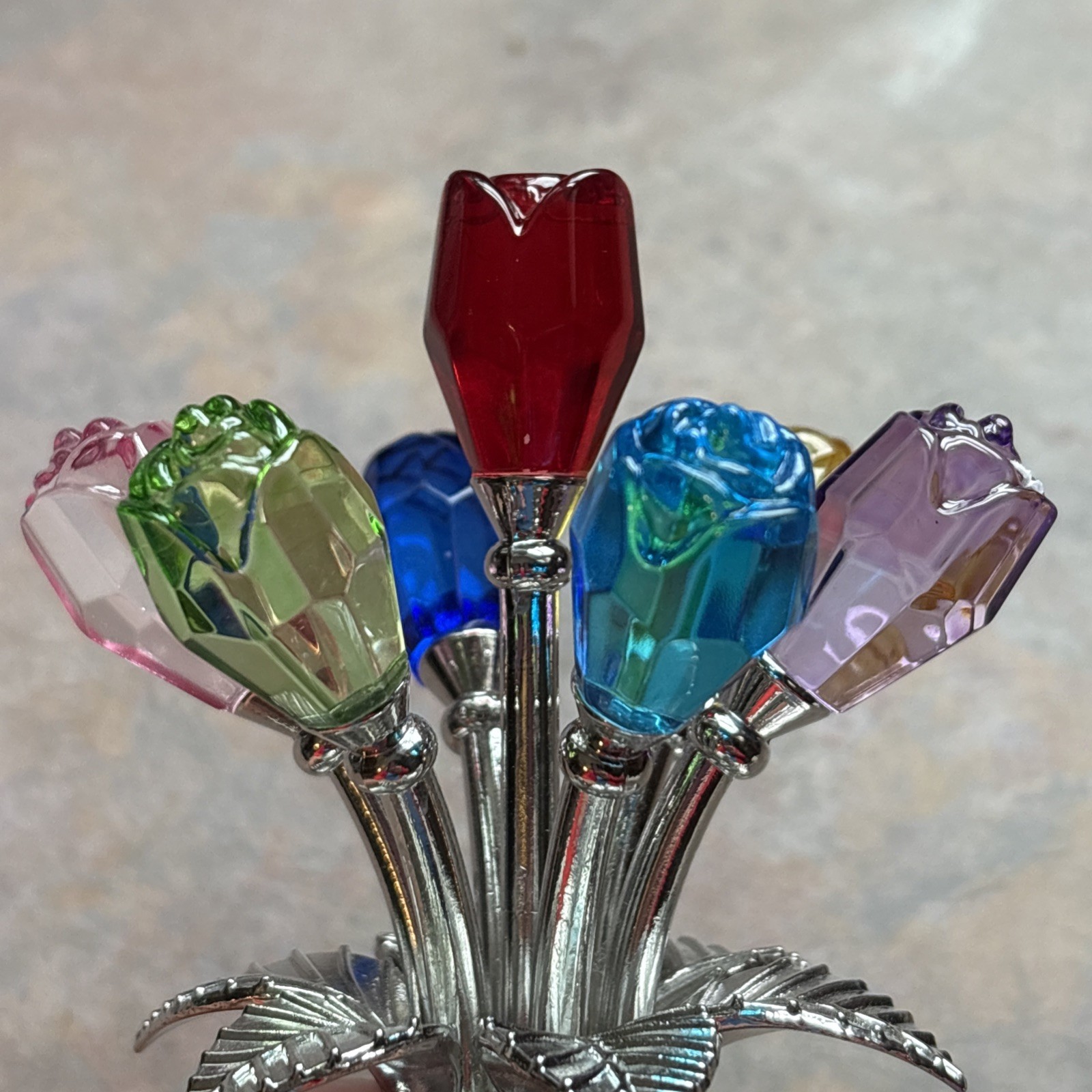 Colorful Rose Flower Crystal Figurines with Vase, Bouquet Flowers Ornament