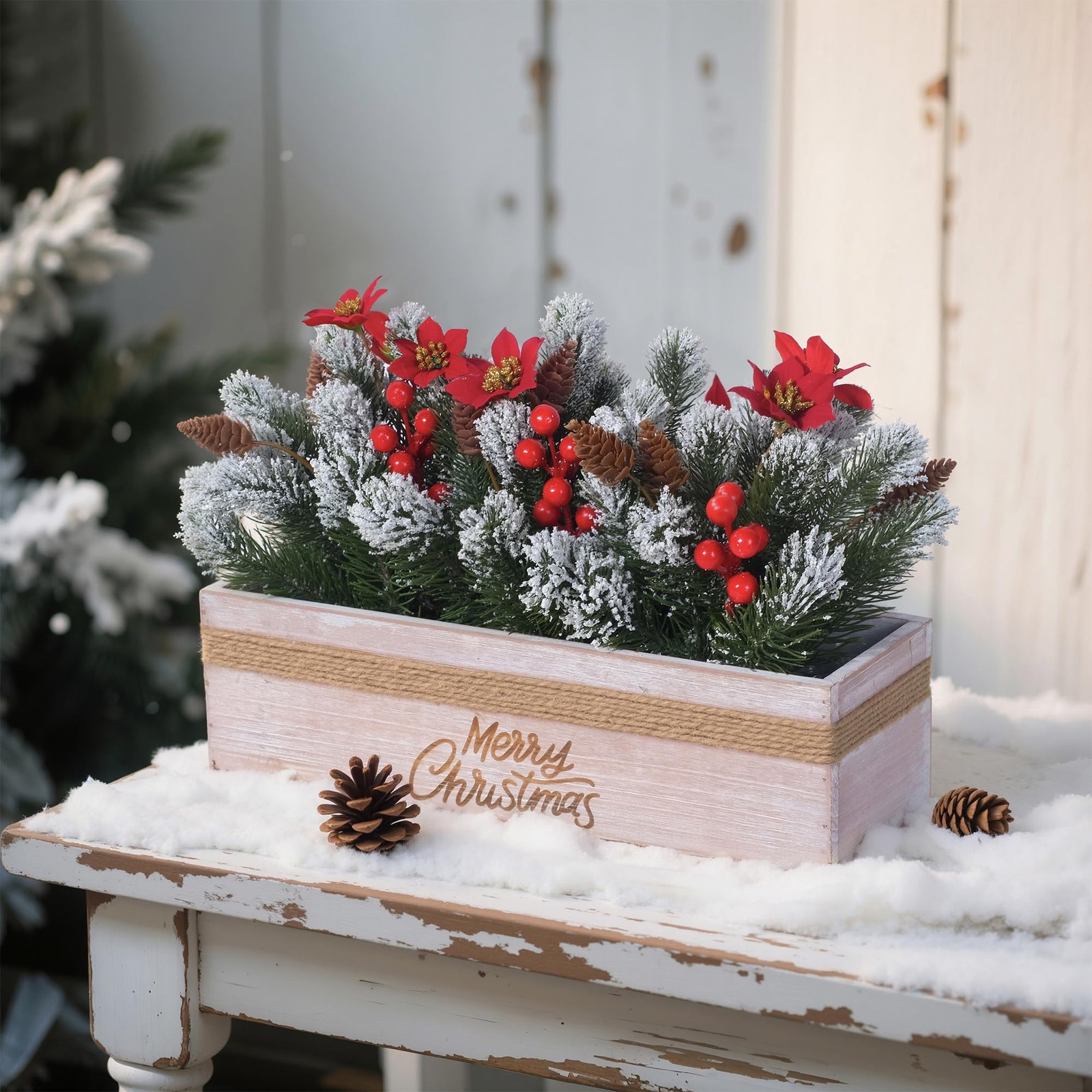 Christmas Table Centerpiece Decorations with Red Poinsettias, Snowy Norfolk P…
