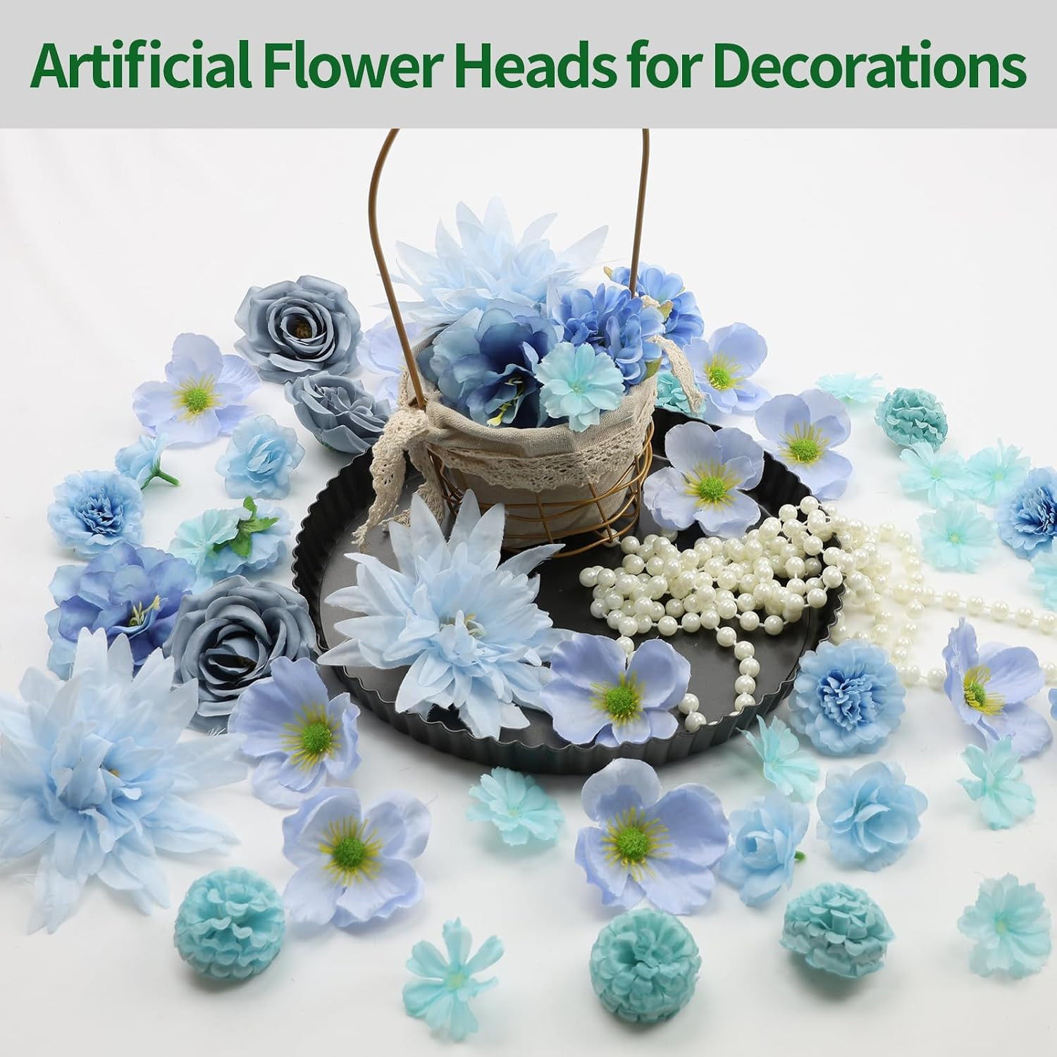 56 PCS Faux Flower Heads Combo Blue Silk Flowers Mix Peony Rose Hydrangea Fak…