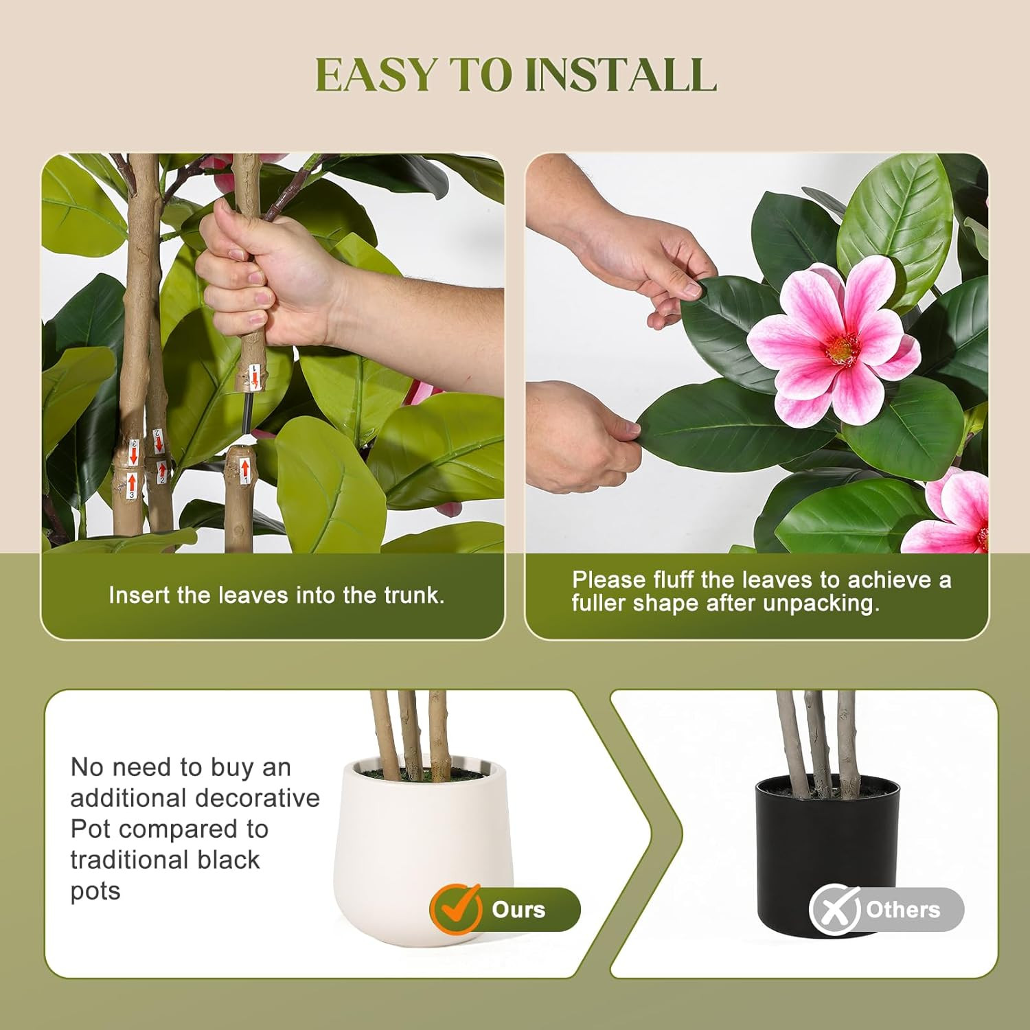 60″ Faux Rubber Tree with Real Touch Leaves & Pink Flowers for Home Decor
