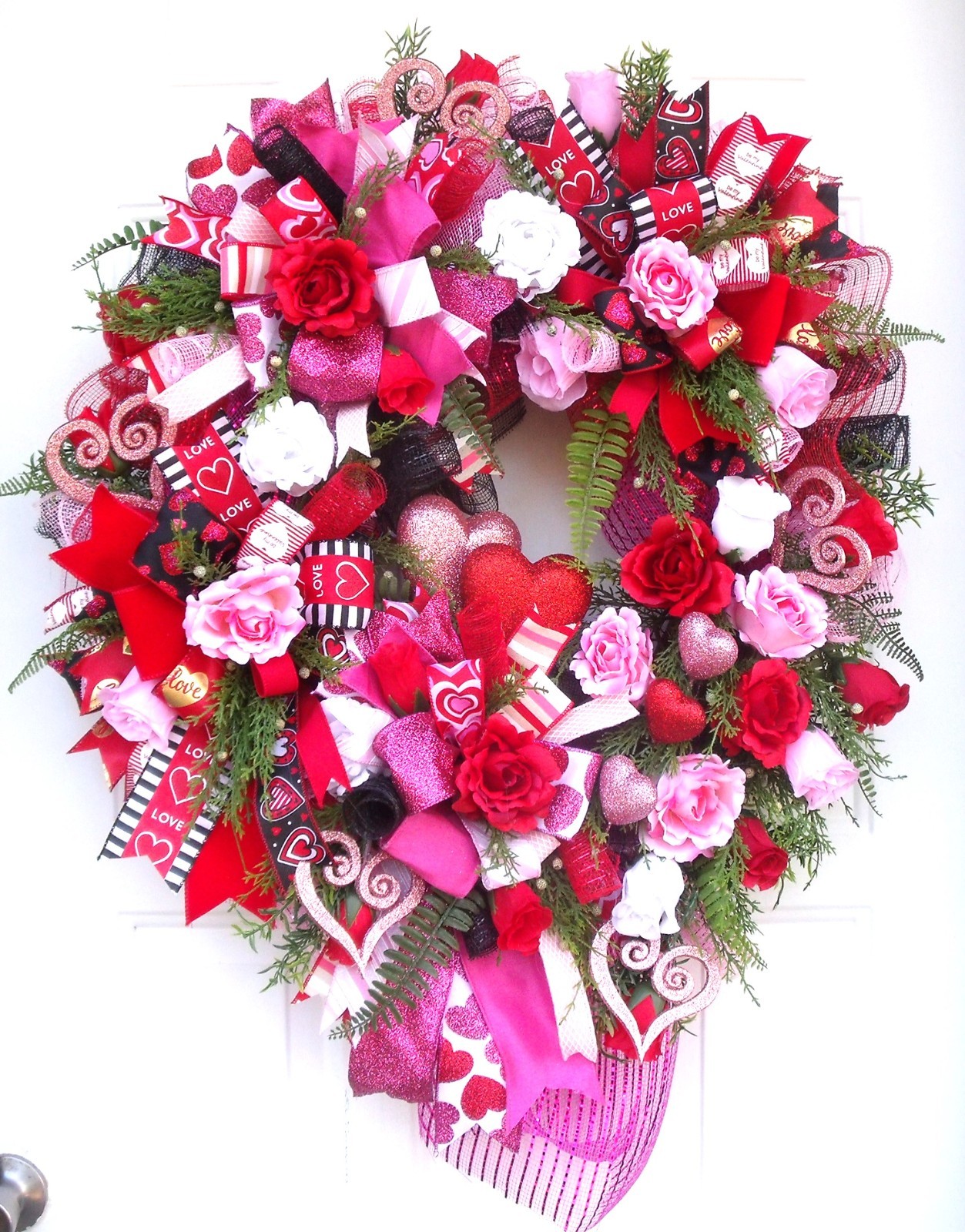 Valentine Ribbons & Roses Wreath-Hearts-Greenery, Reds/Pinks/White-Door or Wall