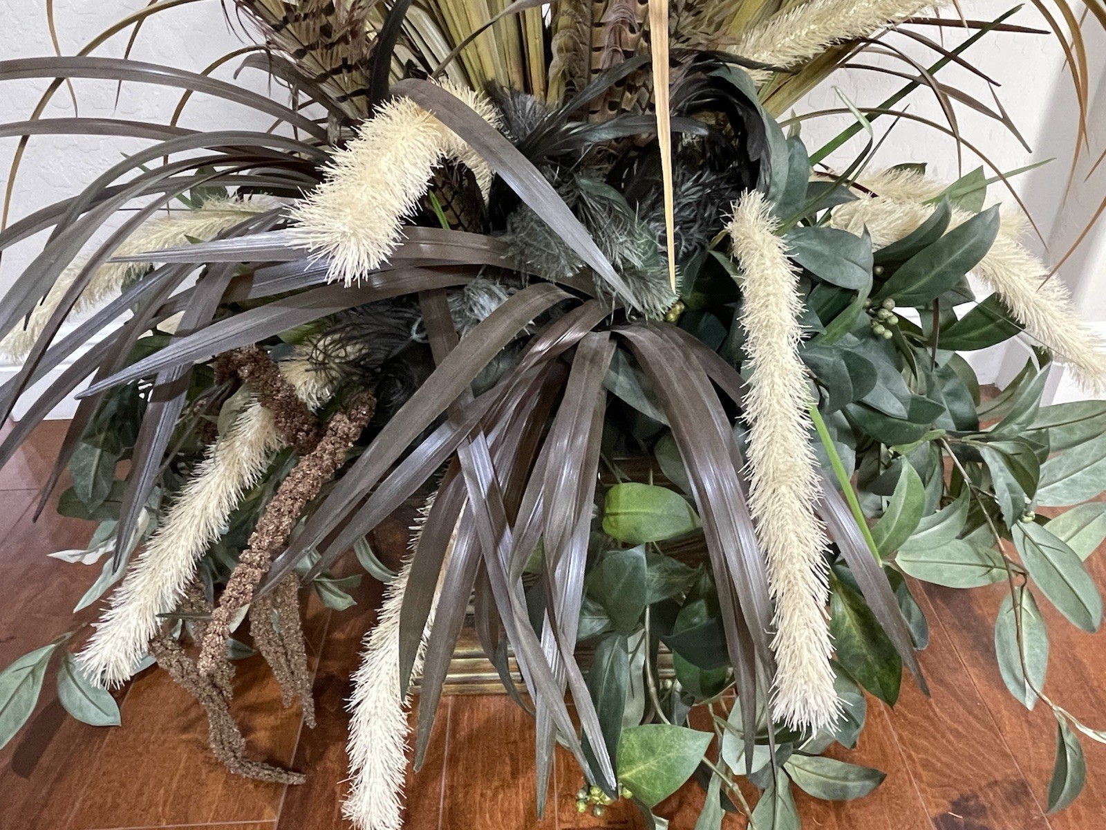 Artificial Floral Arrangement Faux Grass Cattails Pheasant Feathers Tin Planter